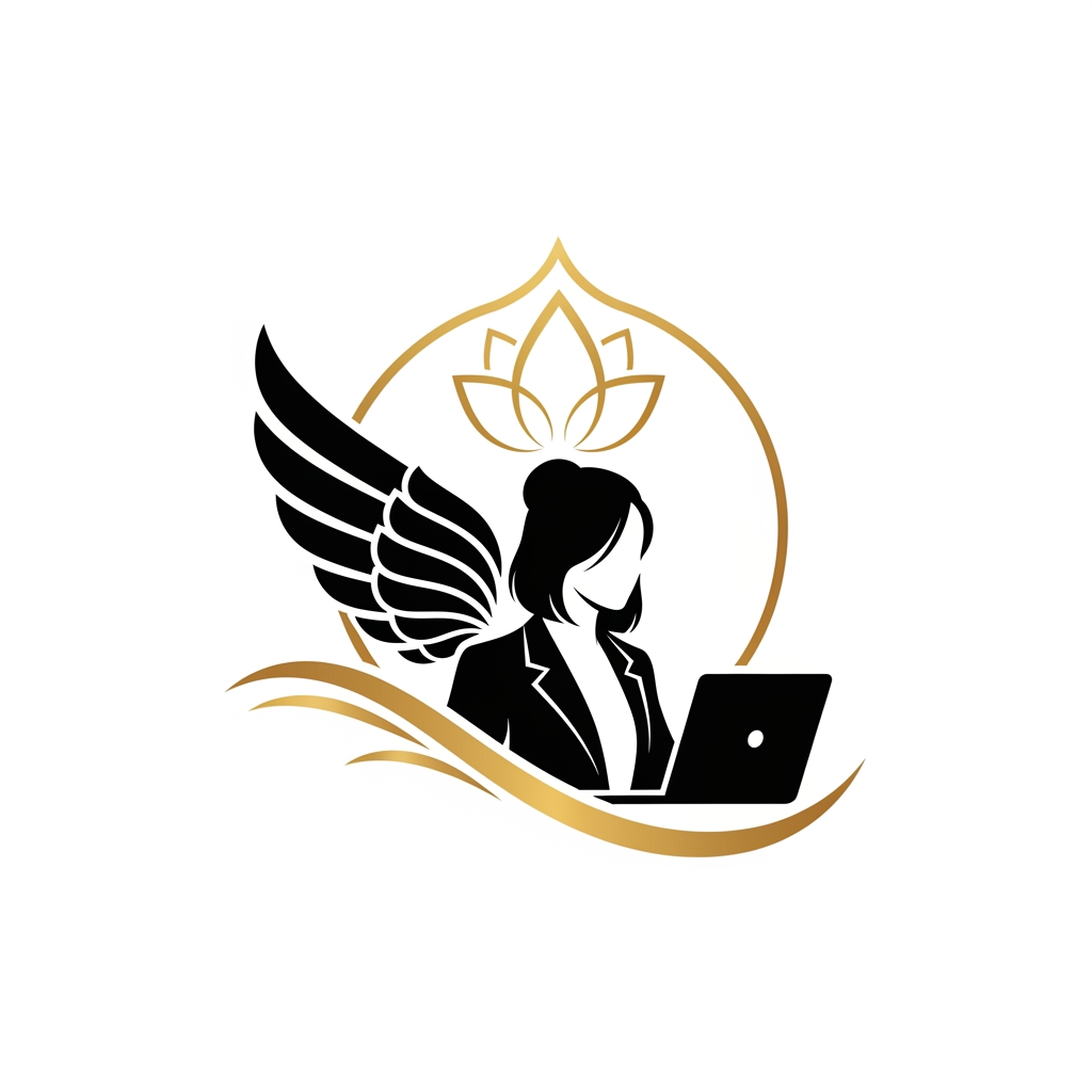 Logo Prompt

"Design a premium, minimalist, elegant logo that symbolizes the strength, grace, confidence, and empowerment of a girl/woman. Create an abstract feminine emblem instead of a literal illustration. The symbol should subtly combine elements such as delicate wings, a graceful female silhouette, flowing curves, a blooming flower, and a small crown or halo to represent freedom, ambition, beauty, and inner power. The design must feel luxurious, modern, and sophisticated with clean geometric lines, balanced symmetry, and a memorable icon suitable for branding. Use a black and gold color palette (or monochrome black for versatility). Flat vector style, negative space techniques, premium brand identity, no gradients, no cartoon effects, no clipart, no excessive details, no text, transparent background, high-end fashion and luxury aesthetic, scalable SVG-style logo, award-winning branding quality."

Alternative (Luxury Angel-Inspired)

"Create an elegant luxury logo featuring an abstract feminine silhouette with beautifully stylized wings. The wings should appear artistic and minimal rather than realistic, symbolizing freedom, dreams, confidence, and transformation. The face should not be detailed—only a graceful outline with flowing hair integrated into the wings. Use smooth curves, clean vector lines, perfect symmetry, and negative space. The logo should feel like a premium fashion, beauty, or lifestyle brand. Black and gold color palette, minimalist, timeless, sophisticated, iconic, flat vector, transparent background, no cartoon style, no gradients, no text."

If your brand is for girls' empowerment (recommended)

"Design a world-class luxury logo representing feminine strength, ambition, elegance, confidence, and freedom. Create a unique abstract emblem by blending a graceful female silhouette, upward wings, a subtle lotus, and flowing curves into one iconic symbol. The design should communicate empowerment, growth, resilience, and beauty without looking overly decorative. Minimalist vector logo with clean lines, balanced proportions, premium branding aesthetic, black and gold color palette, transparent background, scalable, memorable, modern luxury identity, no text, no mascot, no cartoon, no unnecessary details, suitable for a global brand."

These prompts will produce a logo that feels much more like a premium fashion or luxury brand rather than a cute or childish design. CAN SHE HAVE LAPTOP TOO AND IN PROFESSIONAL BLAZER