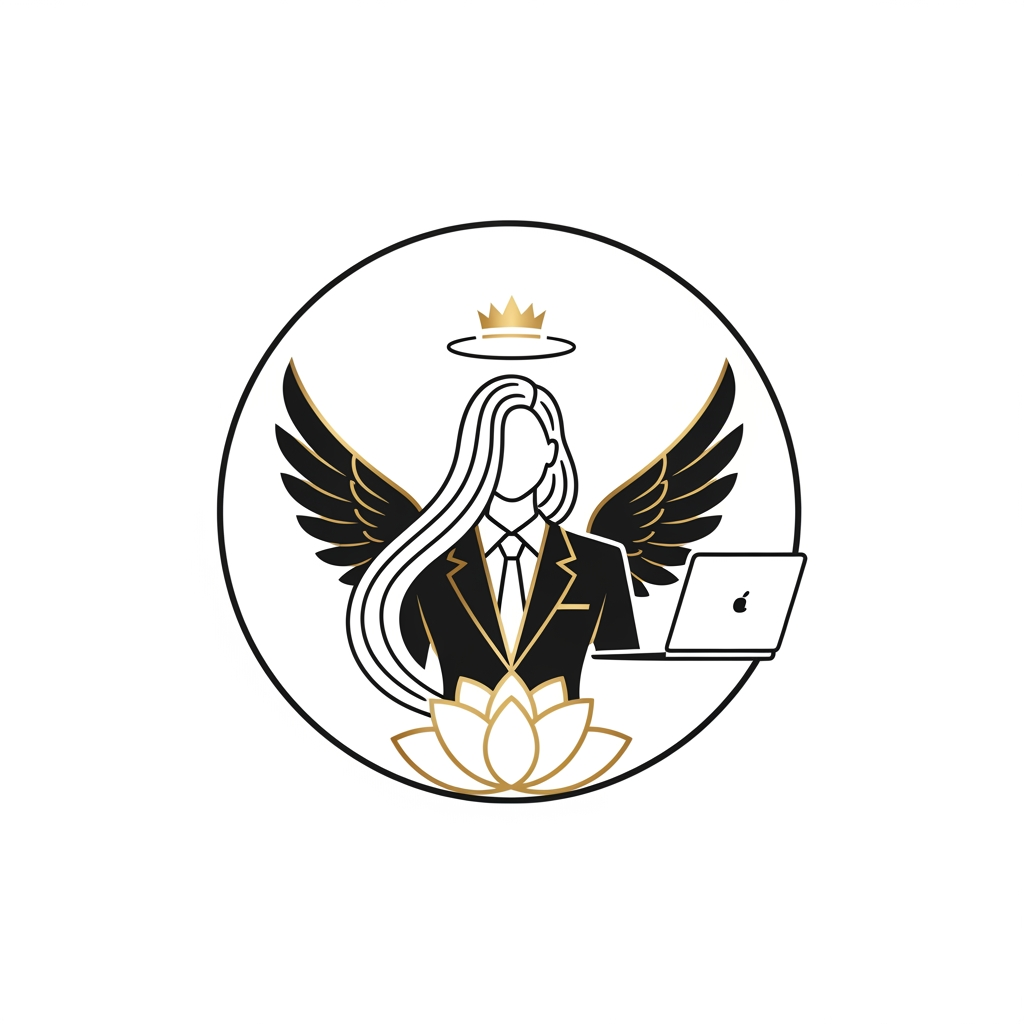 Logo PromptPremium Luxury Circular Logo Prompt

"Design a world-class luxury circular logo for a modern digital marketing brand that represents feminine leadership, creativity, intelligence, confidence, innovation, and empowerment. The logo must be perfectly enclosed within a clean circular emblem, creating a timeless, premium brand identity.

At the center, feature an elegant abstract female silhouette wearing a tailored professional blazer, symbolizing leadership and success. She should have long, flowing hair that naturally blends into a pair of beautifully stylized minimalist wings, representing freedom, ambition, vision, and limitless growth. The face should remain minimal and sophisticated, with no detailed facial features.

Subtly integrate a sleek modern laptop into the composition, positioned naturally in front of her as if she is confidently working or creating. The laptop should symbolize digital marketing, strategy, innovation, technology, and entrepreneurship without overpowering the design.

Behind or beneath the silhouette, delicately incorporate a blooming lotus using negative space to represent growth, transformation, purity, and resilience. A subtle halo or minimalist crown may be integrated above the head to symbolize excellence, confidence, and achievement.

Arrange every element with perfect balance and symmetry inside the circular frame. The composition should feel elegant, clean, and luxurious with smooth flowing curves, geometric harmony, and intelligent use of negative space. Every element should connect seamlessly, forming one unified premium emblem rather than separate objects.

Style Requirements:

Luxury feminine branding
Minimalist flat vector design
Premium logo suitable for global branding
Black and metallic gold color palette
Thin elegant line work with bold iconic silhouette
Perfectly symmetrical circular composition
Transparent background
No text
No gradients
No shadows
No 3D effects
No cartoon style
No clipart
No unnecessary decorative elements
Highly memorable, scalable, SVG-ready
Suitable for websites, business cards, social media, merchandise, and premium brand identity
Inspired by luxury brands, modern technology, fashion elegance, and award-winning logo design."