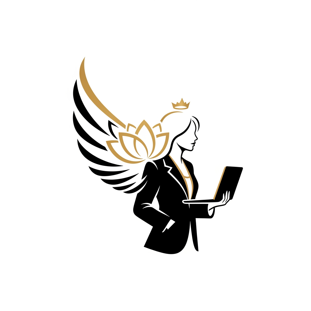 Logo Prompt

"Design a premium, minimalist, elegant logo that symbolizes the strength, grace, confidence, and empowerment of a girl/woman. Create an abstract feminine emblem instead of a literal illustration. The symbol should subtly combine elements such as delicate wings, a graceful female silhouette, flowing curves, a blooming flower, and a small crown or halo to represent freedom, ambition, beauty, and inner power. The design must feel luxurious, modern, and sophisticated with clean geometric lines, balanced symmetry, and a memorable icon suitable for branding. Use a black and gold color palette (or monochrome black for versatility). Flat vector style, negative space techniques, premium brand identity, no gradients, no cartoon effects, no clipart, no excessive details, no text, transparent background, high-end fashion and luxury aesthetic, scalable SVG-style logo, award-winning branding quality."

Alternative (Luxury Angel-Inspired)

"Create an elegant luxury logo featuring an abstract feminine silhouette with beautifully stylized wings. The wings should appear artistic and minimal rather than realistic, symbolizing freedom, dreams, confidence, and transformation. The face should not be detailed—only a graceful outline with flowing hair integrated into the wings. Use smooth curves, clean vector lines, perfect symmetry, and negative space. The logo should feel like a premium fashion, beauty, or lifestyle brand. Black and gold color palette, minimalist, timeless, sophisticated, iconic, flat vector, transparent background, no cartoon style, no gradients, no text."

If your brand is for girls' empowerment (recommended)

"Design a world-class luxury logo representing feminine strength, ambition, elegance, confidence, and freedom. Create a unique abstract emblem by blending a graceful female silhouette, upward wings, a subtle lotus, and flowing curves into one iconic symbol. The design should communicate empowerment, growth, resilience, and beauty without looking overly decorative. Minimalist vector logo with clean lines, balanced proportions, premium branding aesthetic, black and gold color palette, transparent background, scalable, memorable, modern luxury identity, no text, no mascot, no cartoon, no unnecessary details, suitable for a global brand."

These prompts will produce a logo that feels much more like a premium fashion or luxury brand rather than a cute or childish design. CAN SHE HAVE LAPTOP TOO AND IN PROFESSIONAL BLAZER CAN IT BE MORE ELEGANT AND BEAUTIFULLY ARRANGED