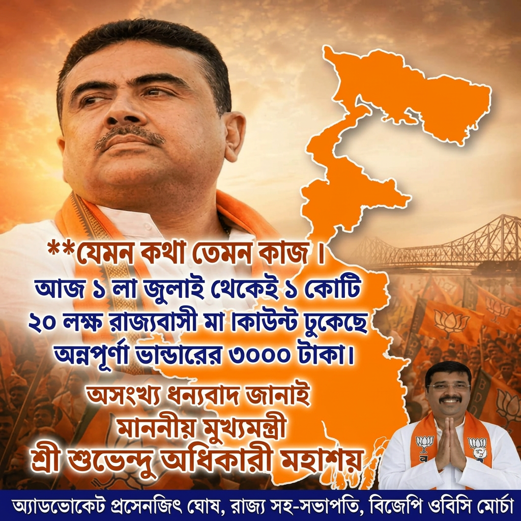 Remove all letters from the meddle of this image and add
"যেমন কথা তেমন কাজ "
"আজ ১ লা জুলাই থেকেই ১ কোটি ২০ লক্ষ রাজ্যবাসী মা ও বোনের অ্যাকাউন্টে ঢুকেছে অন্নপূর্ণা ভান্ডারের ৩০০০ টাকা।"
অসংখ্য ধন্যবাদ জানাই
" মাননীয় মুখ্যমন্ত্রী শ্রী শুভেন্দু অধিকারী মহাশয়"
(this last line should be big) And all letters should be correct and according to the given prompt.