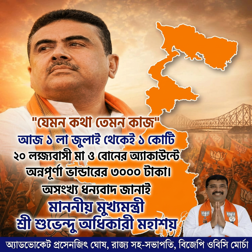 Remove all letters from the meddle of this image and add 


"যেমন কথা তেমন কাজ "

"আজ ১ লা জুলাই থেকেই ১ কোটি ২০ লক্ষ রাজ্যবাসী মা ও বোনের অ্যাকাউন্টে ঢুকেছে অন্নপূর্ণা ভান্ডারের ৩০০০ টাকা।"


অসংখ্য ধন্যবাদ জানাই 

" মাননীয় মুখ্যমন্ত্রী শ্রী শুভেন্দু অধিকারী মহাশয়" 
(this last line should be big) And all letters should be correct and according to the given prompt.