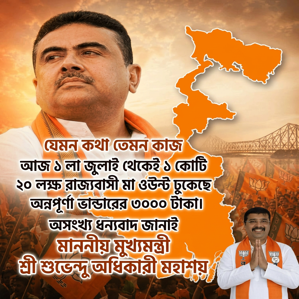 Remove all letters from the meddle of this image and add 


"যেমন কথা তেমন কাজ "

"আজ ১ লা জুলাই থেকেই ১ কোটি ২০ লক্ষ রাজ্যবাসী মা ও বোনের অ্যাকাউন্টে ঢুকেছে অন্নপূর্ণা ভান্ডারের ৩০০০ টাকা।"


অসংখ্য ধন্যবাদ জানাই 

" মাননীয় মুখ্যমন্ত্রী শ্রী শুভেন্দু অধিকারী মহাশয়" 
(this last line should be big) And all letters should be correct and according to the given prompt.