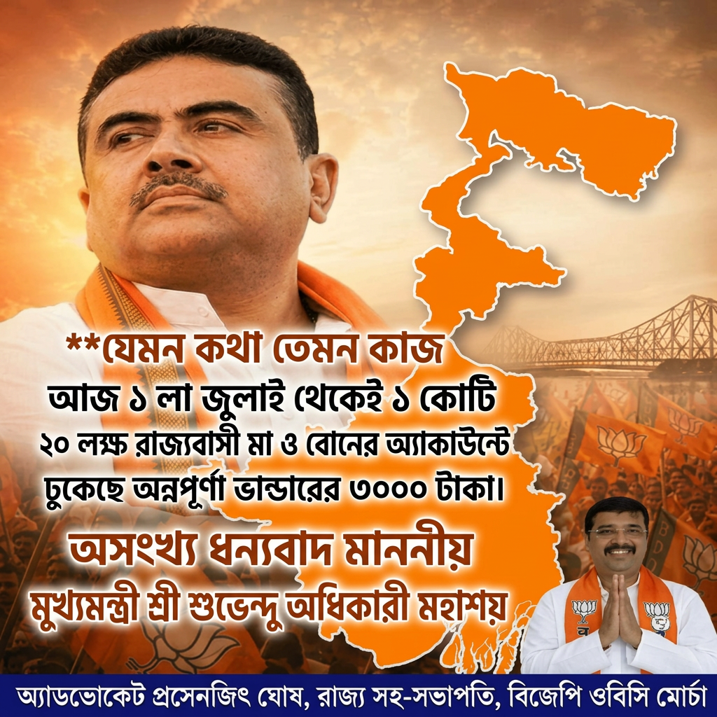 Remove all letters from the meddle of this image and add 


"যেমন কথা তেমন কাজ "

"আজ ১ লা জুলাই থেকেই ১ কোটি ২০ লক্ষ রাজ্যবাসী মা ও বোনের অ্যাকাউন্টে ঢুকেছে অন্নপূর্ণা ভান্ডারের ৩০০০ টাকা।"


"অসংখ্য ধন্যবাদ মাননীয় মুখ্যমন্ত্রী শ্রী শুভেন্দু অধিকারী মহাশয়" 
(this last line should be big) And all letters should be correct and according to the given prompt.