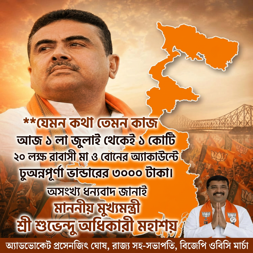 Remove all letters from the meddle of this image and add 


"যেমন কথা তেমন কাজ "

"আজ ১ লা জুলাই থেকেই ১ কোটি ২০ লক্ষ রাজ্যবাসী মা ও বোনের অ্যাকাউন্টে ঢুকেছে অন্নপূর্ণা ভান্ডারের ৩০০০ টাকা।"


অসংখ্য ধন্যবাদ জানাই 

" মাননীয় মুখ্যমন্ত্রী শ্রী শুভেন্দু অধিকারী মহাশয়" 
(this last line should be big) And all letters should be correct and according to the given prompt.