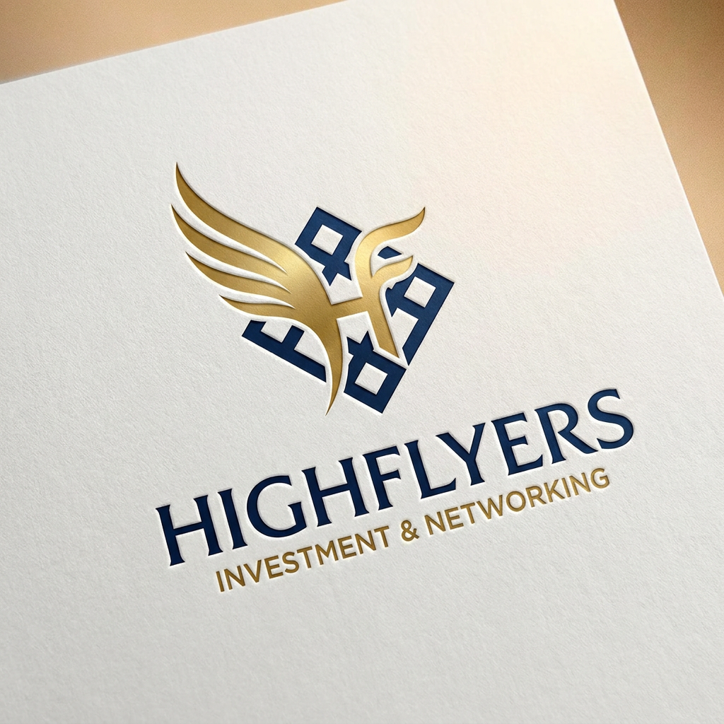 AI Design for A sophisticated and professional logo design for 'Highflyers', featuring a stylized golden wing or soaring motif integrated with a sleek, interlocking geometric pattern to symbolize networking and growth. The color palette features deep navy blue and polished metallic gold, set against a clean, minimalist background to convey trust, legality, and premium financial services. The aesthetic is modern, trustworthy, and high-end, perfect for a gold investment and networking brand.