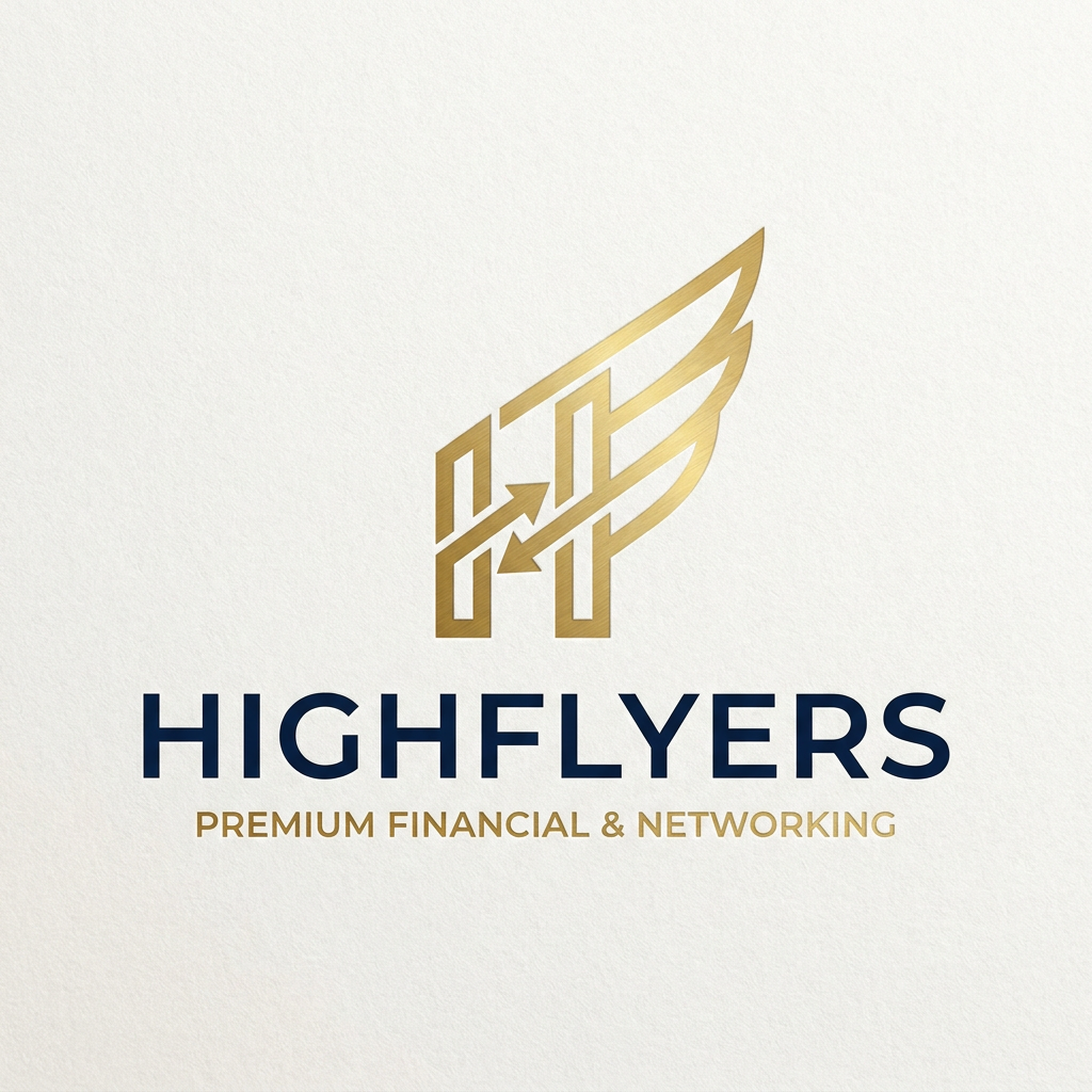 AI Design for A sophisticated and professional logo design for 'Highflyers', featuring a stylized golden wing or soaring motif integrated with a sleek, interlocking geometric pattern to symbolize networking and growth. The color palette features deep navy blue and polished metallic gold, set against a clean, minimalist background to convey trust, legality, and premium financial services. The aesthetic is modern, trustworthy, and high-end, perfect for a gold investment and networking brand.