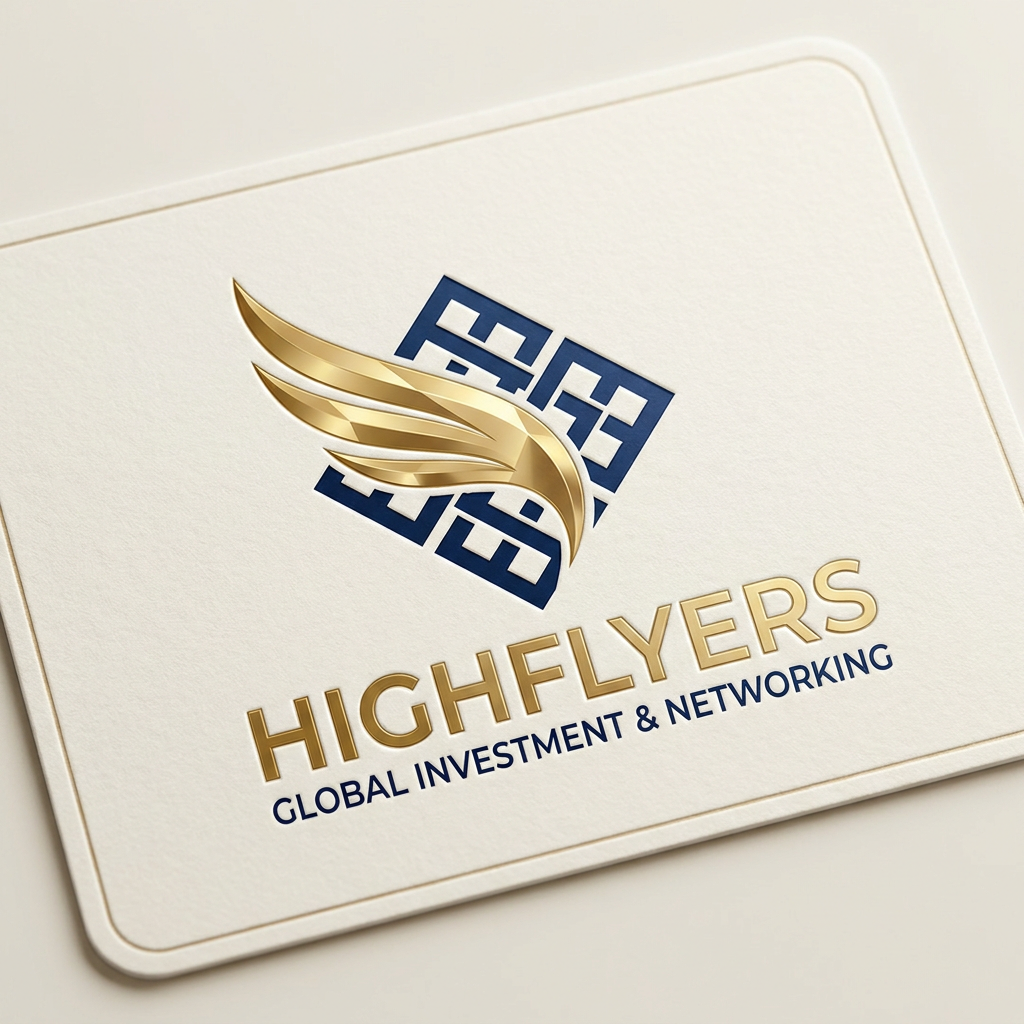 AI Design for A sophisticated and professional logo design for 'Highflyers', featuring a stylized golden wing or soaring motif integrated with a sleek, interlocking geometric pattern to symbolize networking and growth. The color palette features deep navy blue and polished metallic gold, set against a clean, minimalist background to convey trust, legality, and premium financial services. The aesthetic is modern, trustworthy, and high-end, perfect for a gold investment and networking brand.
