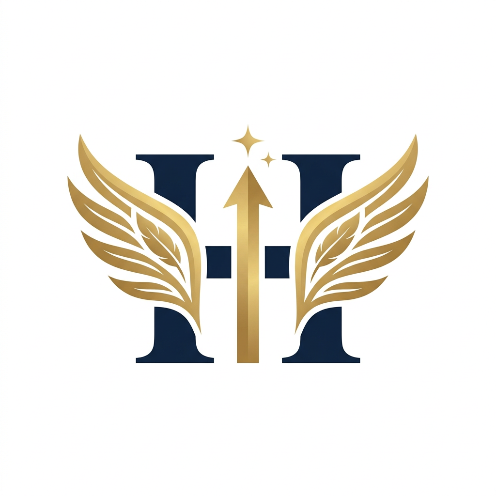 AI Design for A sophisticated, minimalist logo design featuring a bold letter H formed by a pair of elegant, stylized wings. At the center, a sleek gold bar functions as an upward-pointing arrow, topped with a single, subtle gold sparkle to signify success. Five refined feathers are integrated into the wing structure, representing a unified team. The aesthetic is premium and professional, utilizing a metallic gold and deep navy blue color palette against a clean white background, perfect for high-end corporate branding.
