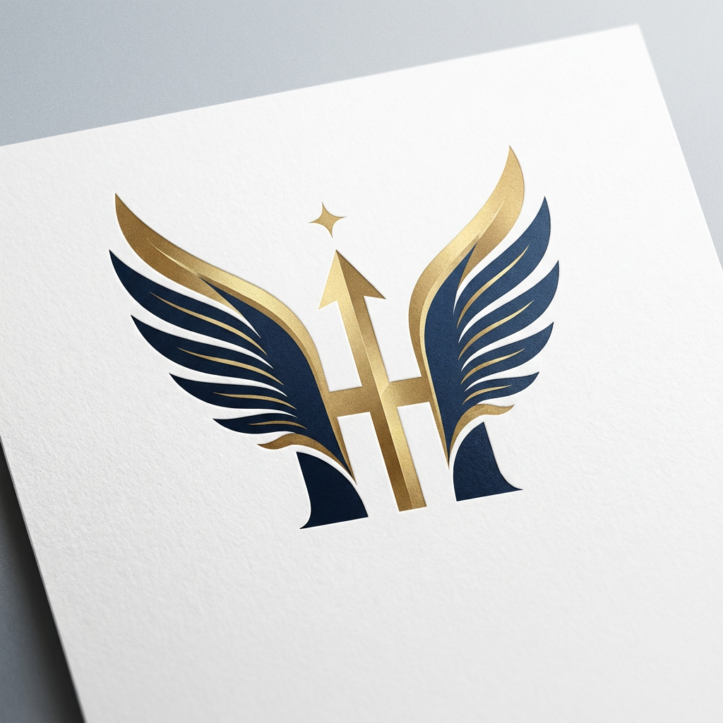 AI Design for A sophisticated, minimalist logo design featuring a bold letter H formed by a pair of elegant, stylized wings. At the center, a sleek gold bar functions as an upward-pointing arrow, topped with a single, subtle gold sparkle to signify success. Five refined feathers are integrated into the wing structure, representing a unified team. The aesthetic is premium and professional, utilizing a metallic gold and deep navy blue color palette against a clean white background, perfect for high-end corporate branding.
