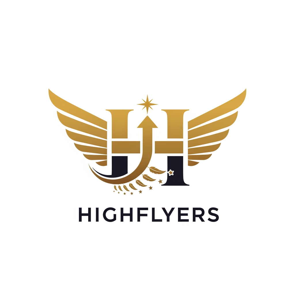 AI Design for HIGHFLYERS
A bold H formed by a pair of elegant wings.
A gold bar in the center that also looks like an upward arrow.
Five subtle feathers or five stars representing your united team.
A small gold sparkle above the arrow, symbolizing success.
It tells your entire story without needing words:
Highflyers → growth and ambition.
Gold → your business.
Five elements → teamwork.
Upward arrow → installments growing into wealth.
Premium colors → trust and professionalism.
This kind of logo would look strong on everything from business cards to office signage and uniforms while clearly reflecting your team's identity and purpose.