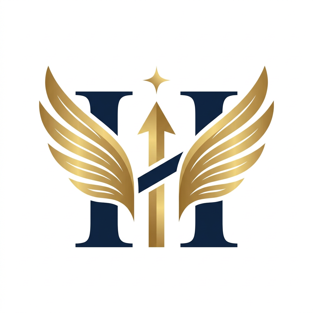 AI Design for A sophisticated, minimalist logo design featuring a bold letter H formed by a pair of elegant, stylized wings. At the center, a sleek gold bar functions as an upward-pointing arrow, topped with a single, subtle gold sparkle to signify success. Five refined feathers are integrated into the wing structure, representing a unified team. The aesthetic is premium and professional, utilizing a metallic gold and deep navy blue color palette against a clean white background, perfect for high-end corporate branding.