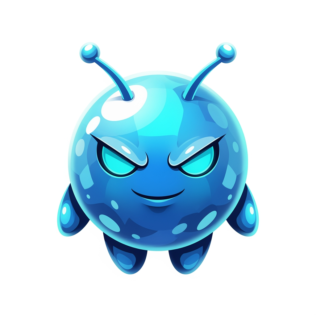 AI Design for Create a premium mascot logo for a professional gaming marketplace.
Design a perfectly round magical mascot with a smooth glossy spherical body, tiny floating oval hands, short rounded legs, and two short thick antennae with rounded tips.
The face should dominate the design and occupy most of the body.
Large sharp glowing cyan eyes.
Confident playful smile.
Calm expression.
Hidden legendary power.
Friendly but intimidating.
Highly intelligent.
The body should have smooth crystal-like glossy gradients with premium reflections.
Use bright Ice Blue, Sky Blue, Crystal Cyan, Electric Blue, and White highlights.
The mascot should look soft, polished, luxurious, magical, and collectible.
Keep the silhouette extremely simple and bold.
Minimal details.
No aura.
No flames.
No magical particles.
No energy effects.
No glow surrounding the body.
No background.
No armor.
No clothes.
No accessories.
No text.
Premium esports mascot logo.
AAA mobile game icon.
Luxury branding.
Vector-inspired.
Soft 3D rendering.
Perfect symmetry.
Strong silhouette.
High contrast.
Highly recognizable.
Designed for favicon and app icon.
Transparent background.
The mascot should resemble an official mascot created by a world-class game studio. Prioritize iconic shape language, memorable facial design, bold proportions, premium gradients, and instant recognition over realism or excessive detail.