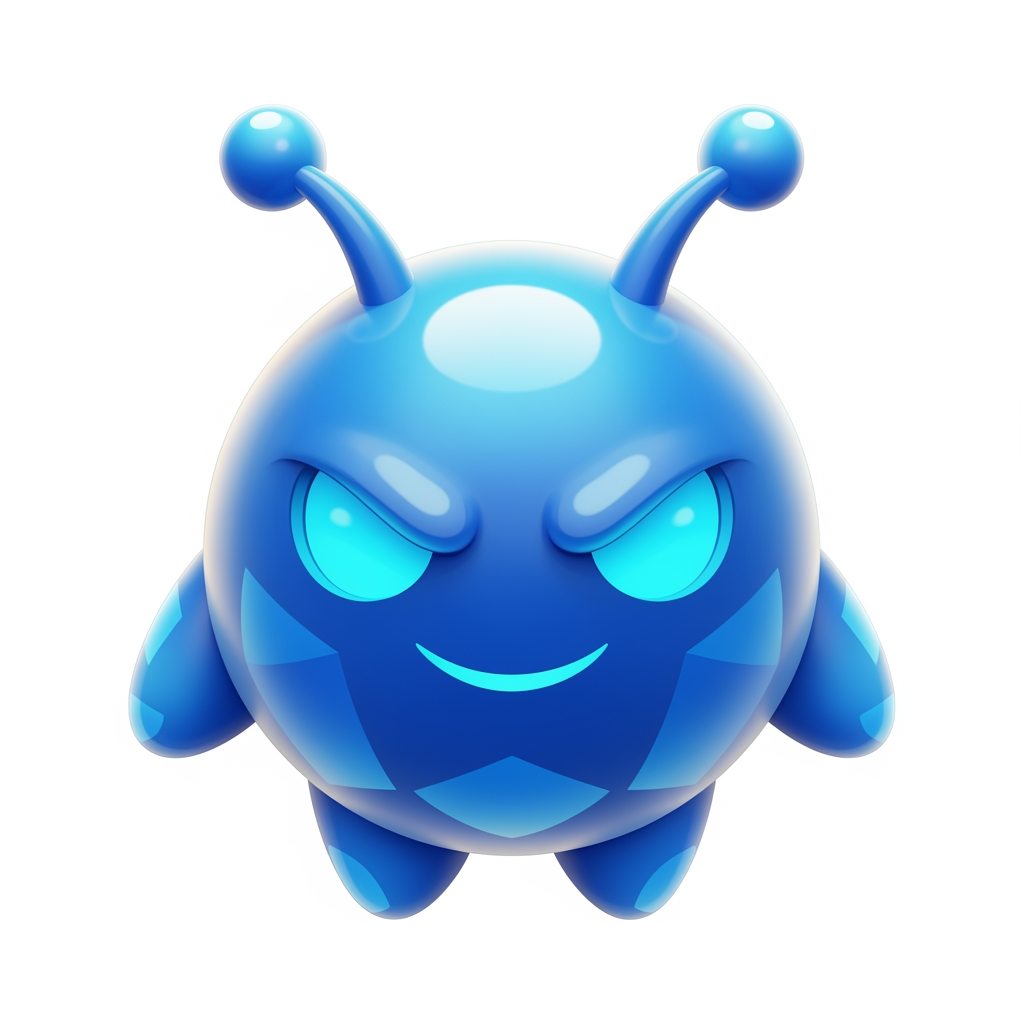 AI Design for Create a premium mascot logo for a professional gaming marketplace.
Design a perfectly round magical mascot with a smooth glossy spherical body, tiny floating oval hands, short rounded legs, and two short thick antennae with rounded tips.
The face should dominate the design and occupy most of the body.
Large sharp glowing cyan eyes.
Confident playful smile.
Calm expression.
Hidden legendary power.
Friendly but intimidating.
Highly intelligent.
The body should have smooth crystal-like glossy gradients with premium reflections.
Use bright Ice Blue, Sky Blue, Crystal Cyan, Electric Blue, and White highlights.
The mascot should look soft, polished, luxurious, magical, and collectible.
Keep the silhouette extremely simple and bold.
Minimal details.
No aura.
No flames.
No magical particles.
No energy effects.
No glow surrounding the body.
No background.
No armor.
No clothes.
No accessories.
No text.
Premium esports mascot logo.
AAA mobile game icon.
Luxury branding.
Vector-inspired.
Soft 3D rendering.
Perfect symmetry.
Strong silhouette.
High contrast.
Highly recognizable.
Designed for favicon and app icon.
Transparent background.
The mascot should resemble an official mascot created by a world-class game studio. Prioritize iconic shape language, memorable facial design, bold proportions, premium gradients, and instant recognition over realism or excessive detail.