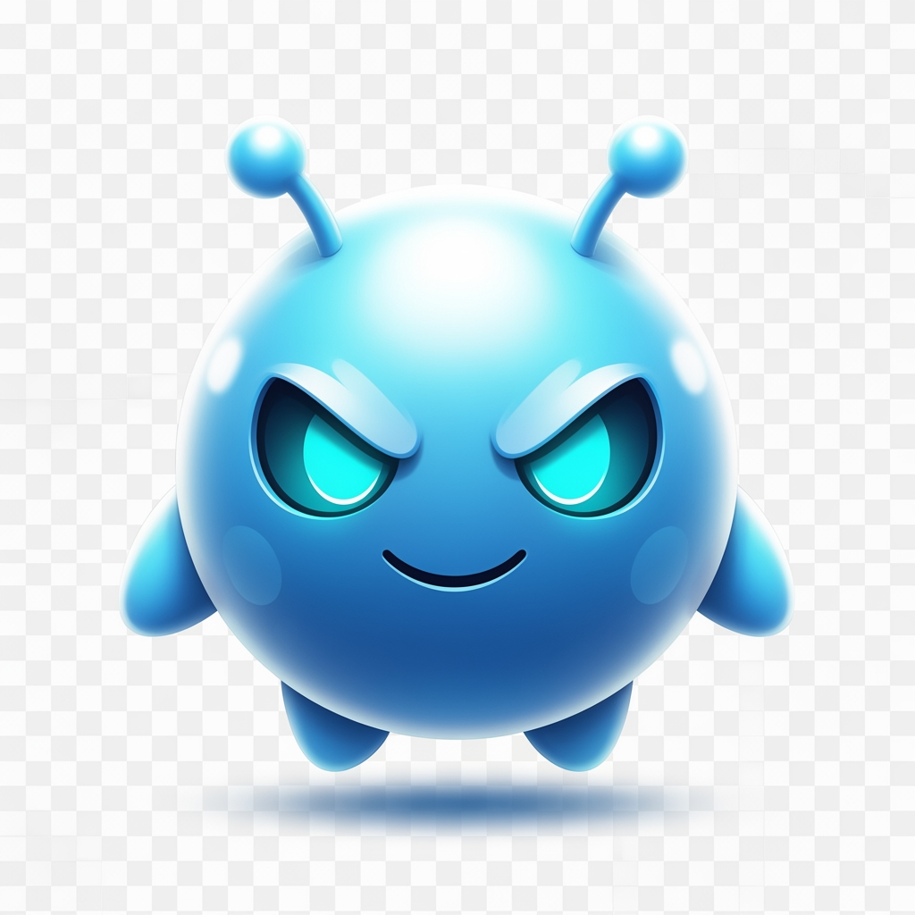 AI Design for Create a premium mascot logo for a professional gaming marketplace.
Design a perfectly round magical mascot with a smooth glossy spherical body, tiny floating oval hands, short rounded legs, and two short thick antennae with rounded tips.
The face should dominate the design and occupy most of the body.
Large sharp glowing cyan eyes.
Confident playful smile.
Calm expression.
Hidden legendary power.
Friendly but intimidating.
Highly intelligent.
The body should have smooth crystal-like glossy gradients with premium reflections.
Use bright Ice Blue, Sky Blue, Crystal Cyan, Electric Blue, and White highlights.
The mascot should look soft, polished, luxurious, magical, and collectible.
Keep the silhouette extremely simple and bold.
Minimal details.
No aura.
No flames.
No magical particles.
No energy effects.
No glow surrounding the body.
No background.
No armor.
No clothes.
No accessories.
No text.
Premium esports mascot logo.
AAA mobile game icon.
Luxury branding.
Vector-inspired.
Soft 3D rendering.
Perfect symmetry.
Strong silhouette.
High contrast.
Highly recognizable.
Designed for favicon and app icon.
Transparent background.