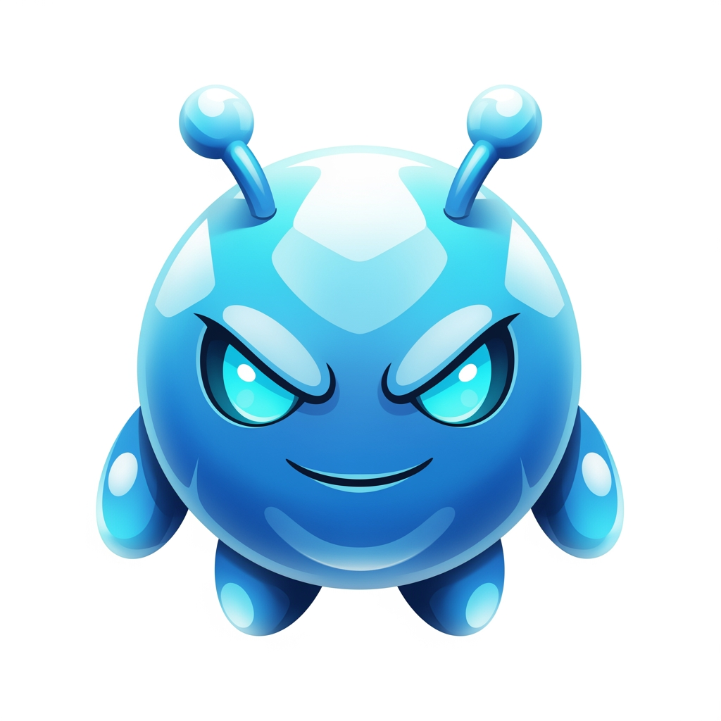 AI Design for Create a premium mascot logo for a professional gaming marketplace.
Design a perfectly round magical mascot with a smooth glossy spherical body, tiny floating oval hands, short rounded legs, and two short thick antennae with rounded tips.
The face should dominate the design and occupy most of the body.
Large sharp glowing cyan eyes.
Confident playful smile.
Calm expression.
Hidden legendary power.
Friendly but intimidating.
Highly intelligent.
The body should have smooth crystal-like glossy gradients with premium reflections.
Use bright Ice Blue, Sky Blue, Crystal Cyan, Electric Blue, and White highlights.
The mascot should look soft, polished, luxurious, magical, and collectible.
Keep the silhouette extremely simple and bold.
Minimal details.
No aura.
No flames.
No magical particles.
No energy effects.
No glow surrounding the body.
No background.
No armor.
No clothes.
No accessories.
No text.
Premium esports mascot logo.
AAA mobile game icon.
Luxury branding.
Vector-inspired.
Soft 3D rendering.
Perfect symmetry.
Strong silhouette.
High contrast.
Highly recognizable.
Designed for favicon and app icon.
Transparent background.
The mascot should resemble an official mascot created by a world-class game studio. Prioritize iconic shape language, memorable facial design, bold proportions, premium gradients, and instant recognition over realism or excessive detail.