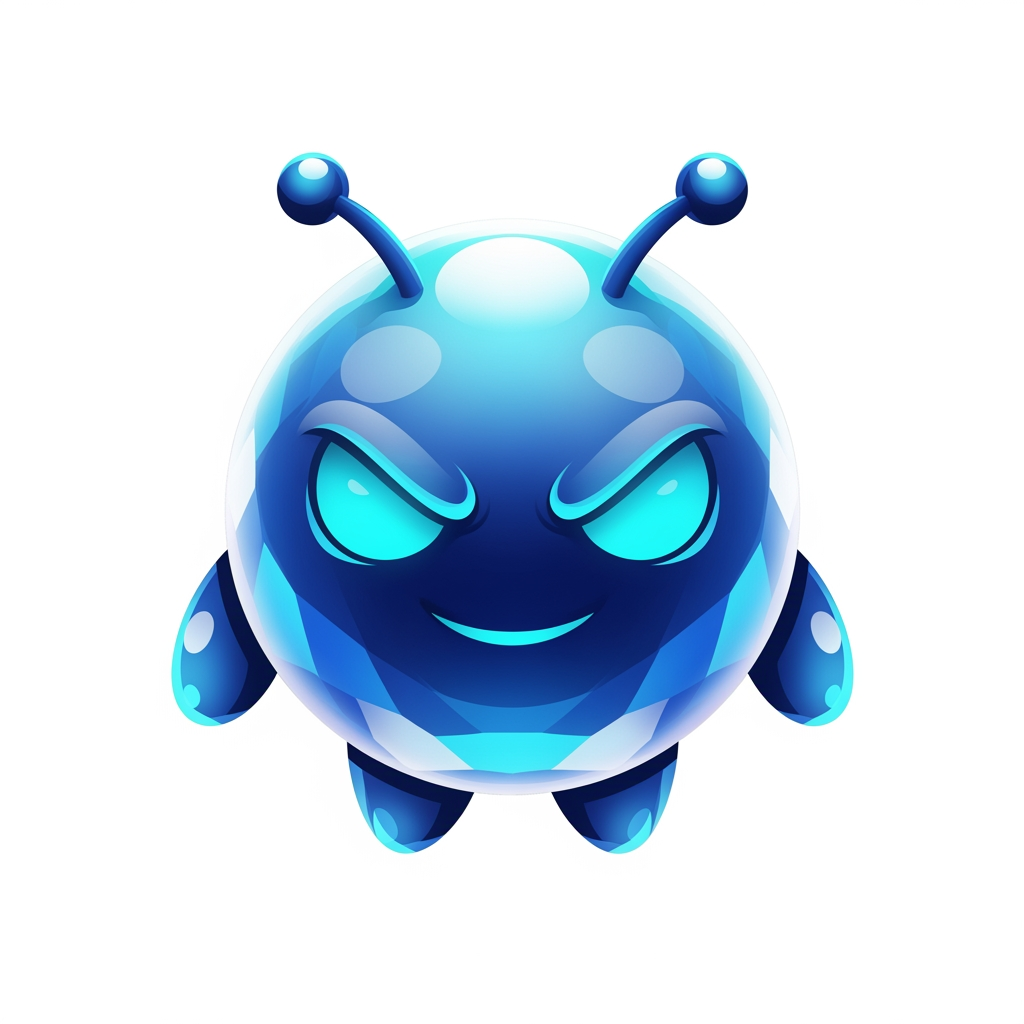 AI Design for Create a premium mascot logo for a professional gaming marketplace.
Design a perfectly round magical mascot with a smooth glossy spherical body, tiny floating oval hands, short rounded legs, and two short thick antennae with rounded tips.
The face should dominate the design and occupy most of the body.
Large sharp glowing cyan eyes.
Confident playful smile.
Calm expression.
Hidden legendary power.
Friendly but intimidating.
Highly intelligent.
The body should have smooth crystal-like glossy gradients with premium reflections.
Use bright Ice Blue, Sky Blue, Crystal Cyan, Electric Blue, and White highlights.
The mascot should look soft, polished, luxurious, magical, and collectible.
Keep the silhouette extremely simple and bold.
Minimal details.
No aura.
No flames.
No magical particles.
No energy effects.
No glow surrounding the body.
No background.
No armor.
No clothes.
No accessories.
No text.
Premium esports mascot logo.
AAA mobile game icon.
Luxury branding.
Vector-inspired.
Soft 3D rendering.
Perfect symmetry.
Strong silhouette.
High contrast.
Highly recognizable.
Designed for favicon and app icon.
Transparent background.