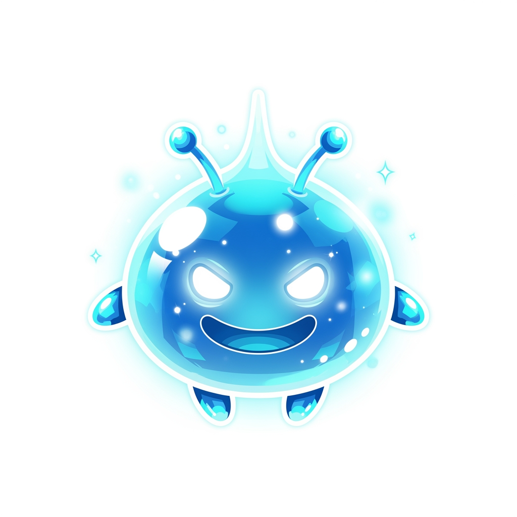 AI Design for Design an ultra-premium mascot logo inspired by a legendary magical slime deity.
Perfectly round.
Tiny floating arms.
Tiny legs.
Small antennae.
Cute but overwhelmingly powerful.
The face dominates the design.
Sharp glowing eyes.
Confident smile.
Ancient wisdom.
Legendary presence.
The body is translucent crystal energy with premium glossy gradients.
Bright cyan.
Ice blue.
Sky blue.
Soft white glow.
Soft magical aura.
Clean silhouette.
Minimal geometry.
AAA mascot branding.
Luxury mobile game icon.
Professional esports logo.
Transparent background.