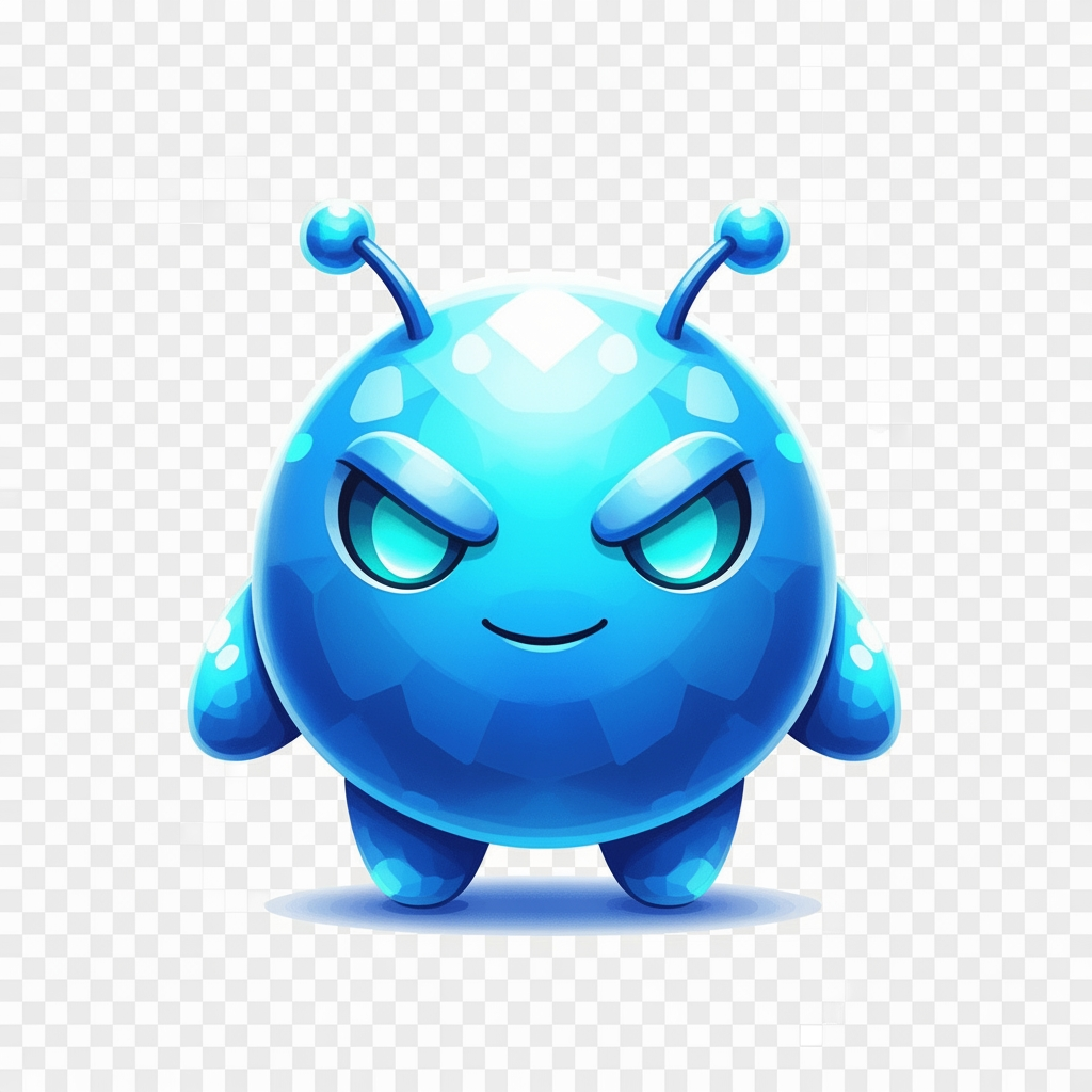 AI Design for Create a premium mascot logo for a professional gaming marketplace.
Design a perfectly round magical mascot with a smooth glossy spherical body, tiny floating oval hands, short rounded legs, and two short thick antennae with rounded tips.
The face should dominate the design and occupy most of the body.
Large sharp glowing cyan eyes.
Confident playful smile.
Calm expression.
Hidden legendary power.
Friendly but intimidating.
Highly intelligent.
The body should have smooth crystal-like glossy gradients with premium reflections.
Use bright Ice Blue, Sky Blue, Crystal Cyan, Electric Blue, and White highlights.
The mascot should look soft, polished, luxurious, magical, and collectible.
Keep the silhouette extremely simple and bold.
Minimal details.
No aura.
No flames.
No magical particles.
No energy effects.
No glow surrounding the body.
No background.
No armor.
No clothes.
No accessories.
No text.
Premium esports mascot logo.
AAA mobile game icon.
Luxury branding.
Vector-inspired.
Soft 3D rendering.
Perfect symmetry.
Strong silhouette.
High contrast.
Highly recognizable.
Designed for favicon and app icon.
Transparent background.