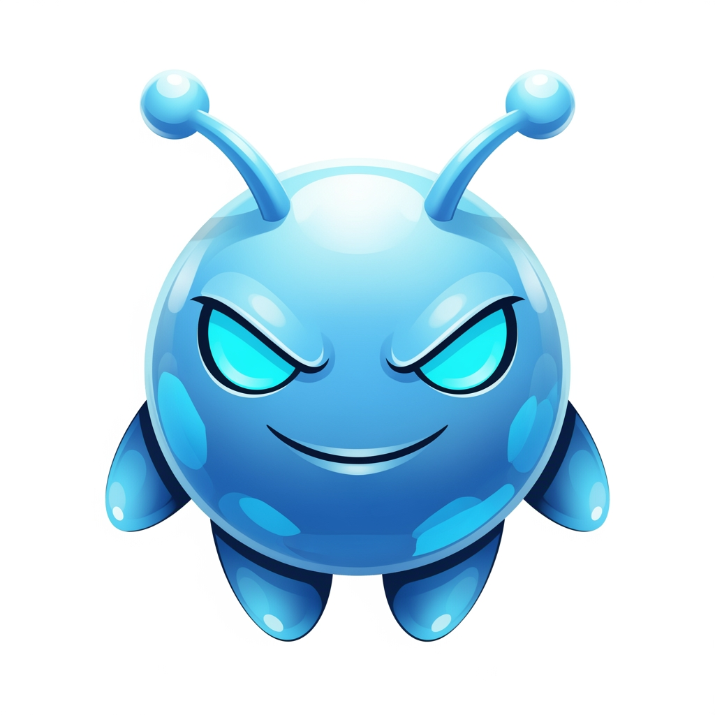 AI Design for Create a premium mascot logo for a professional gaming marketplace.
Design a perfectly round magical mascot with a smooth glossy spherical body, tiny floating oval hands, short rounded legs, and two short thick antennae with rounded tips.
The face should dominate the design and occupy most of the body.
Large sharp glowing cyan eyes.
Confident playful smile.
Calm expression.
Hidden legendary power.
Friendly but intimidating.
Highly intelligent.
The body should have smooth crystal-like glossy gradients with premium reflections.
Use bright Ice Blue, Sky Blue, Crystal Cyan, Electric Blue, and White highlights.
The mascot should look soft, polished, luxurious, magical, and collectible.
Keep the silhouette extremely simple and bold.
Minimal details.
No aura.
No flames.
No magical particles.
No energy effects.
No glow surrounding the body.
No background.
No armor.
No clothes.
No accessories.
No text.
Premium esports mascot logo.
AAA mobile game icon.
Luxury branding.
Vector-inspired.
Soft 3D rendering.
Perfect symmetry.
Strong silhouette.
High contrast.
Highly recognizable.
Designed for favicon and app icon.
Transparent background.
The mascot should resemble an official mascot created by a world-class game studio. Prioritize iconic shape language, memorable facial design, bold proportions, premium gradients, and instant recognition over realism or excessive detail.