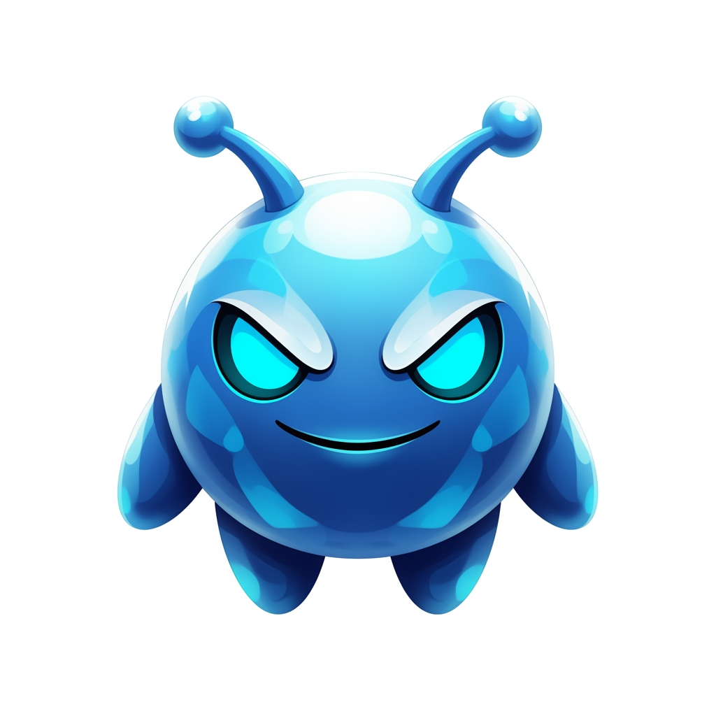 AI Design for Create a premium mascot logo for a professional gaming marketplace.
Design a perfectly round magical mascot with a smooth glossy spherical body, tiny floating oval hands, short rounded legs, and two short thick antennae with rounded tips.
The face should dominate the design and occupy most of the body.
Large sharp glowing cyan eyes.
Confident playful smile.
Calm expression.
Hidden legendary power.
Friendly but intimidating.
Highly intelligent.
The body should have smooth crystal-like glossy gradients with premium reflections.
Use bright Ice Blue, Sky Blue, Crystal Cyan, Electric Blue, and White highlights.
The mascot should look soft, polished, luxurious, magical, and collectible.
Keep the silhouette extremely simple and bold.
Minimal details.
No aura.
No flames.
No magical particles.
No energy effects.
No glow surrounding the body.
No background.
No armor.
No clothes.
No accessories.
No text.
Premium esports mascot logo.
AAA mobile game icon.
Luxury branding.
Vector-inspired.
Soft 3D rendering.
Perfect symmetry.
Strong silhouette.
High contrast.
Highly recognizable.
Designed for favicon and app icon.
Transparent background.
The mascot should resemble an official mascot created by a world-class game studio. Prioritize iconic shape language, memorable facial design, bold proportions, premium gradients, and instant recognition over realism or excessive detail.