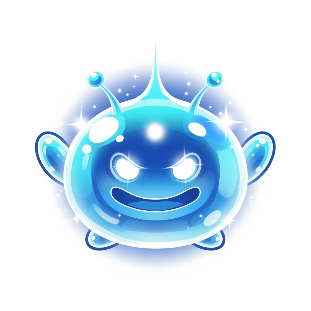 AI Design for Design an ultra-premium mascot logo inspired by a legendary magical slime deity.
Perfectly round.
Tiny floating arms.
Tiny legs.
Small antennae.
Cute but overwhelmingly powerful.
The face dominates the design.
Sharp glowing eyes.
Confident smile.
Ancient wisdom.
Legendary presence.
The body is translucent crystal energy with premium glossy gradients.
Bright cyan.
Ice blue.
Sky blue.
Soft white glow.
Soft magical aura.
Clean silhouette.
Minimal geometry.
AAA mascot branding.
Luxury mobile game icon.
Professional esports logo.
Transparent background.