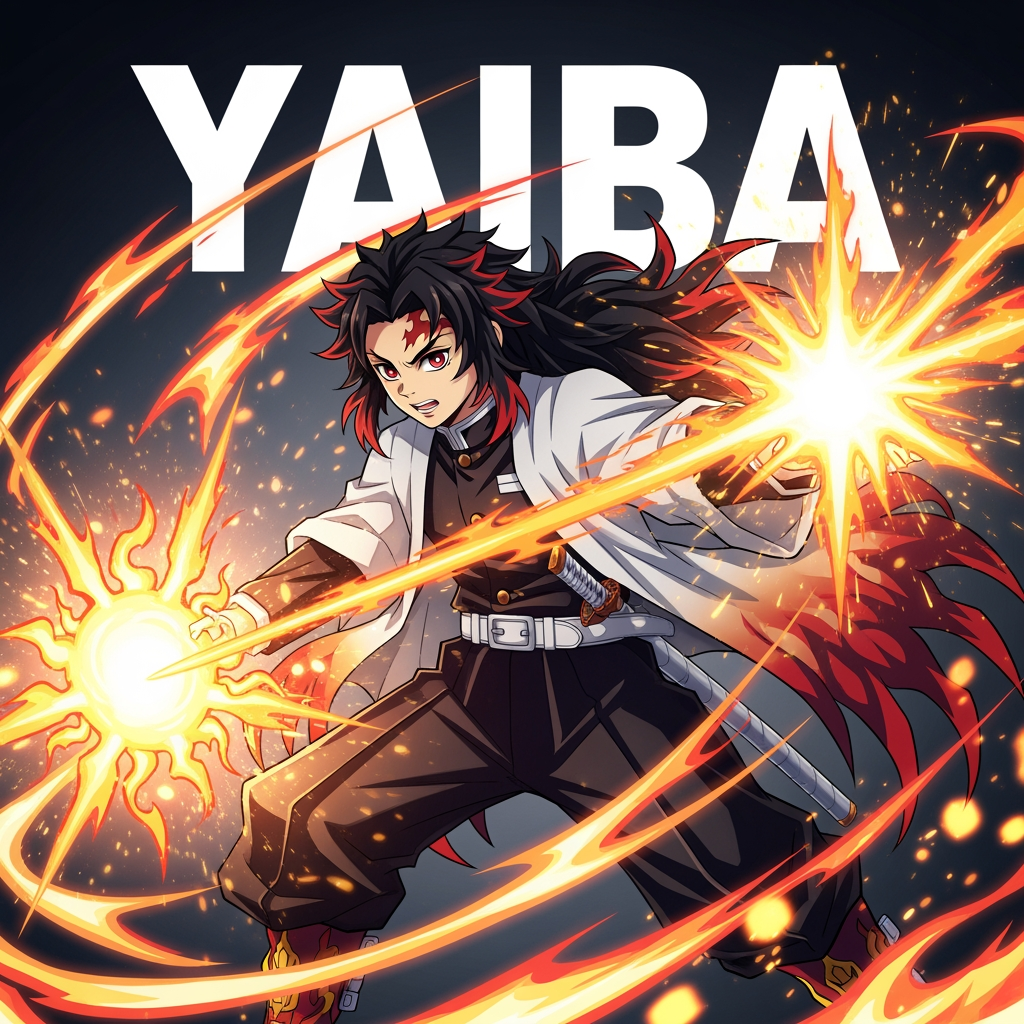 AI Design for okay thats perfect but now i need another thing make me a vfx typa thing so basicially a drawing of a roblox anime character preferably yoriichi here an example of project slayers one, now for my logo slap this yaiba text over that high quality vfx roblox anime yoriichi]