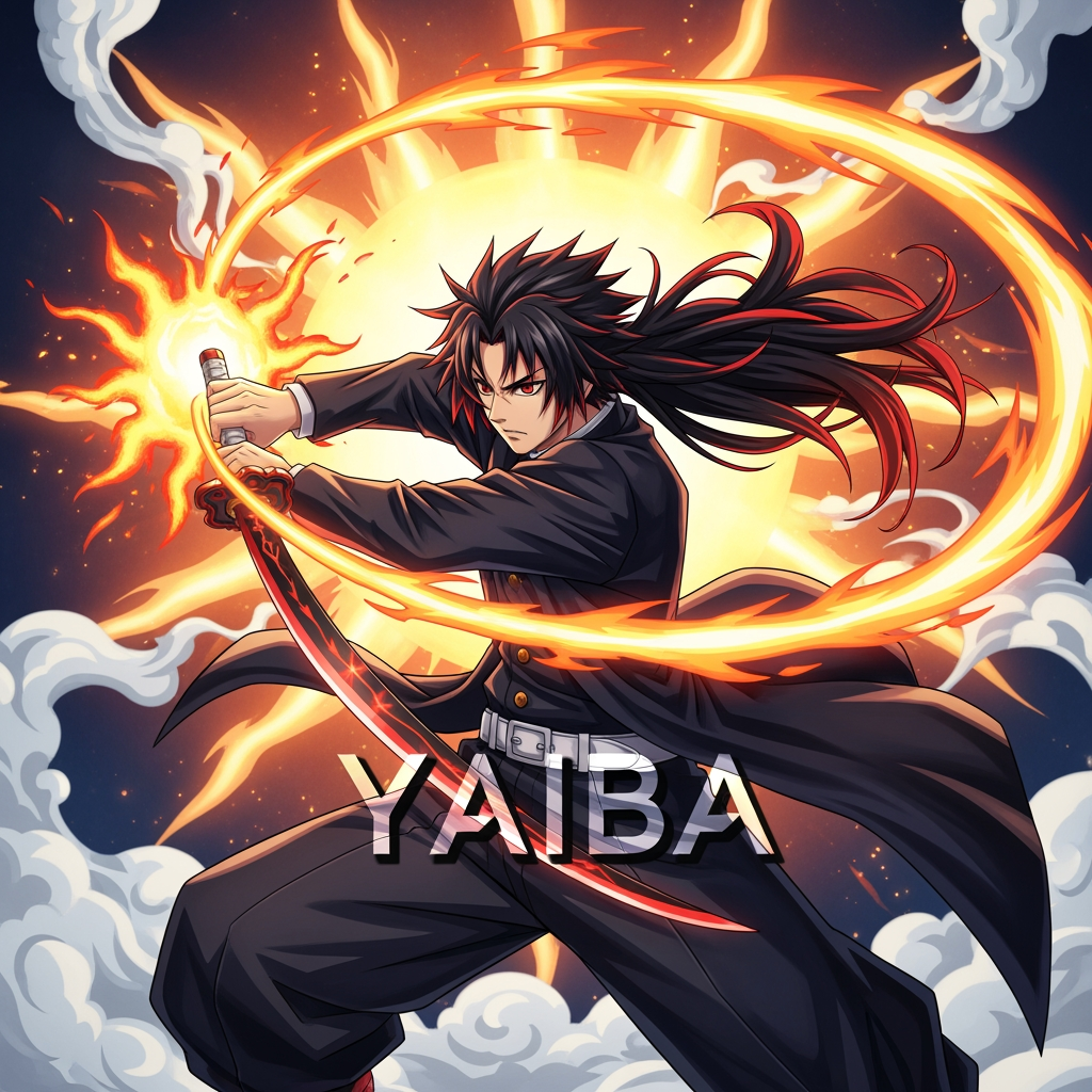 AI Design for okay thats perfect but now i need another thing make me a vfx typa thing so basicially a drawing of a roblox anime character preferably yoriichi here an example of project slayers one, now for my logo slap this yaiba text over that high quality vfx roblox anime yoriichi]