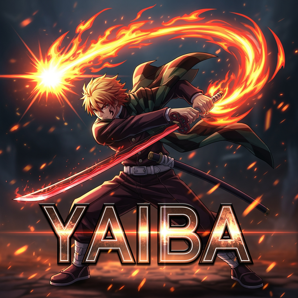 AI Design for okay thats perfect but now i need another thing make me a vfx typa thing so basicially a drawing of a roblox anime character preferably yoriichi here an example of project slayers one, now for my logo slap this yaiba text over that high quality vfx roblox anime yoriichi]
