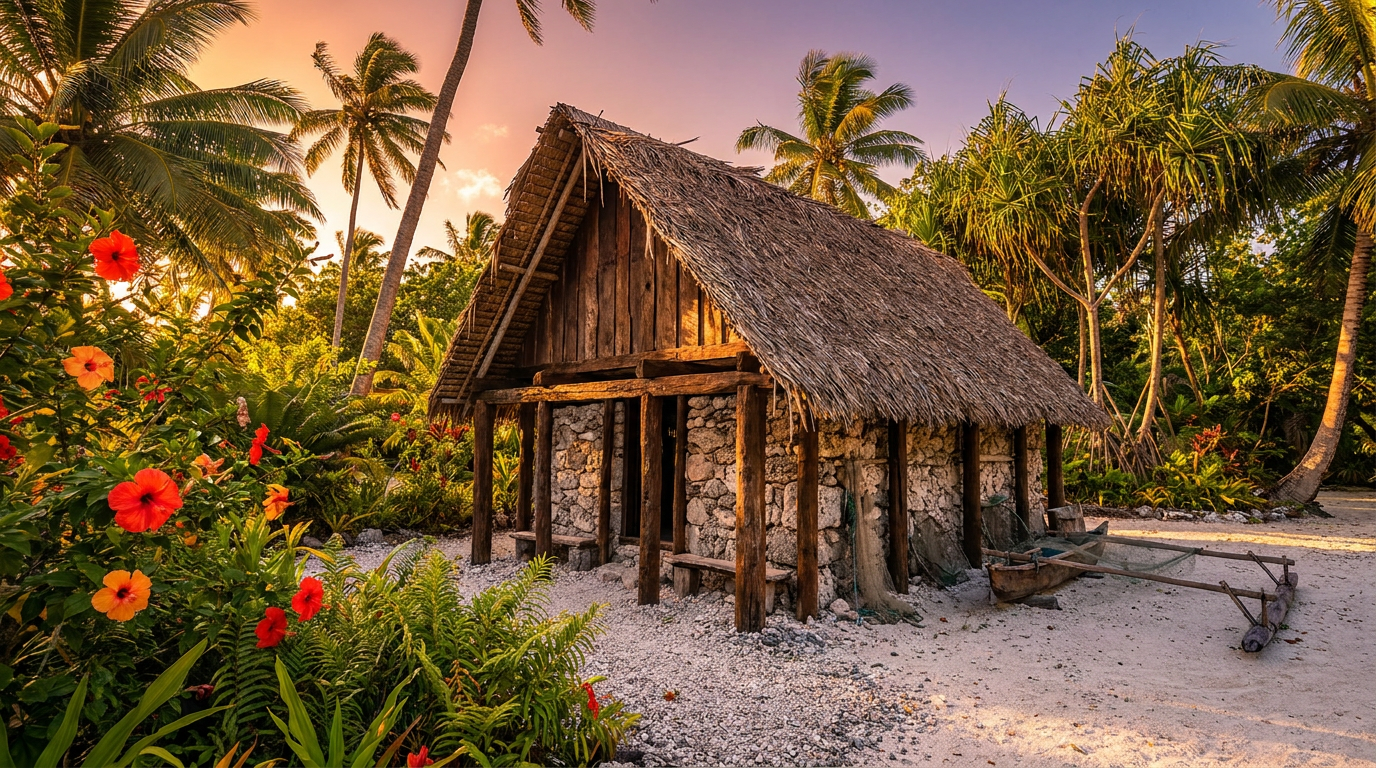 AI Design for A high-detail, cinematic photograph of a Mauke, capturing the traditional Polynesian architecture of the Cook Islands. The structure is nestled within a lush, tropical landscape with vibrant hibiscus flowers and swaying palm trees under a golden hour sunset, featuring warm, soft lighting and natural, weathered wooden textures.