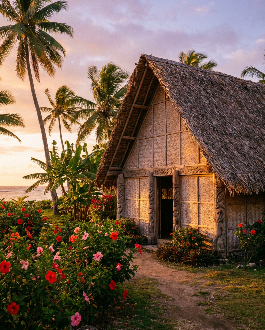AI Design for A high-detail, cinematic photograph of a Mauke, capturing the traditional Polynesian architecture of the Cook Islands. The structure is nestled within a lush, tropical landscape with vibrant hibiscus flowers and swaying palm trees under a golden hour sunset, featuring warm, soft lighting and natural, weathered wooden textures.
