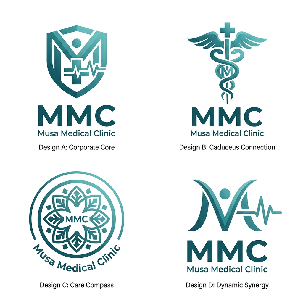 AI Design for Create this type of logo brand Name "MMC" Musa Medical Clinic