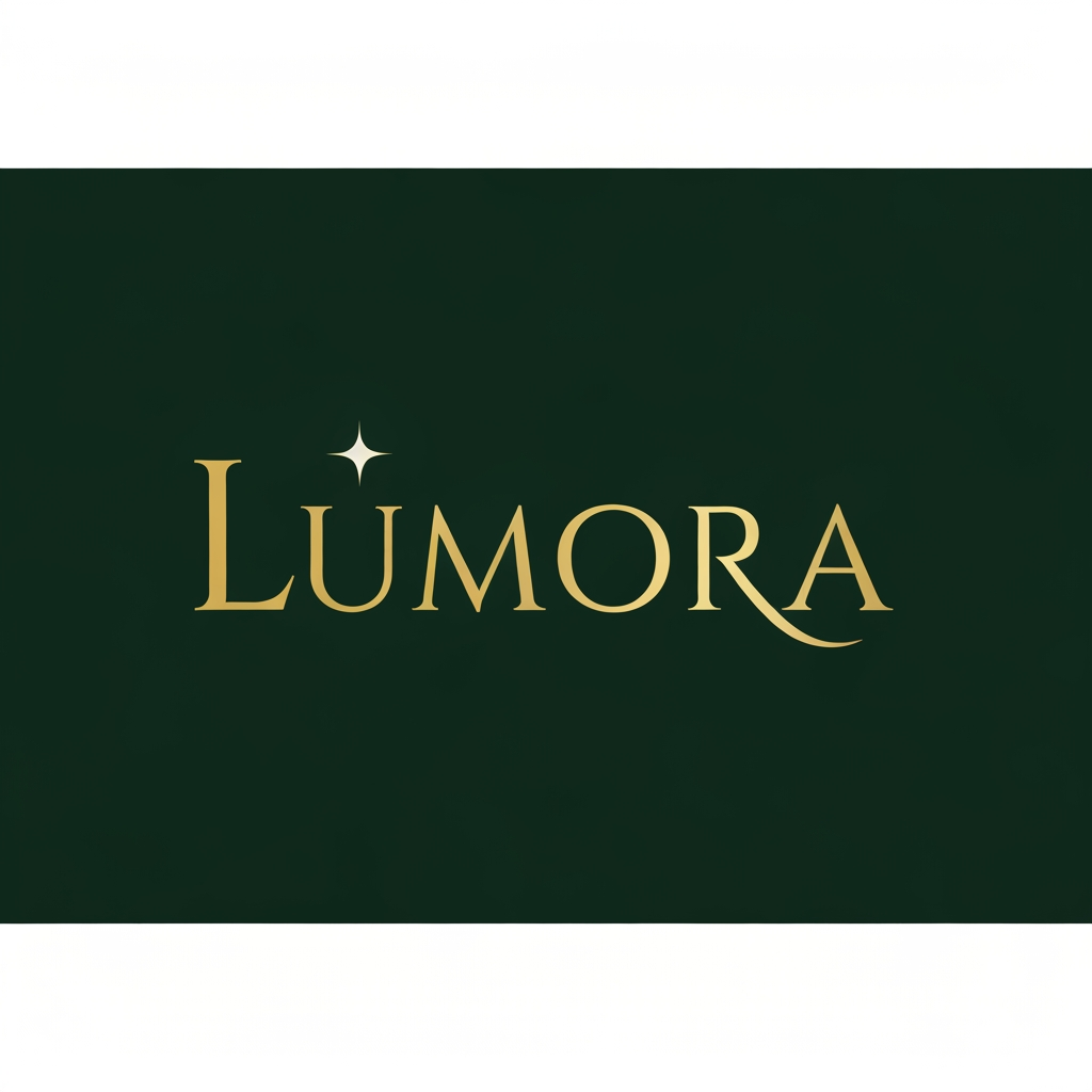 AI Design for Elegant luxury logo for brand Lumora, gold text on dark green background, minimalist design, small star above letter L, premium feminine style