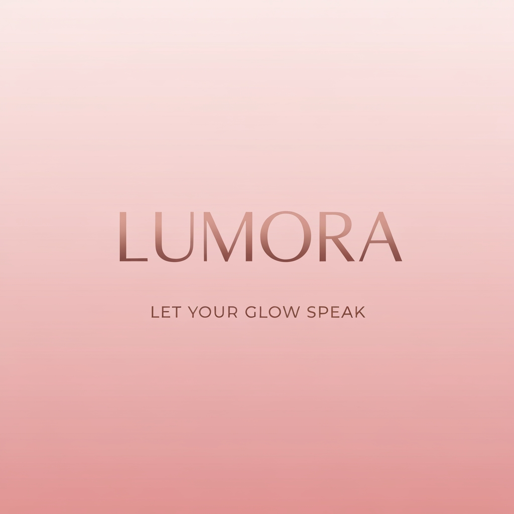 AI Design for Feminine beauty brand logo Lumora, rose gold text on blush pink gradient background, delicate font, tagline "Let Your Glow Speak" below