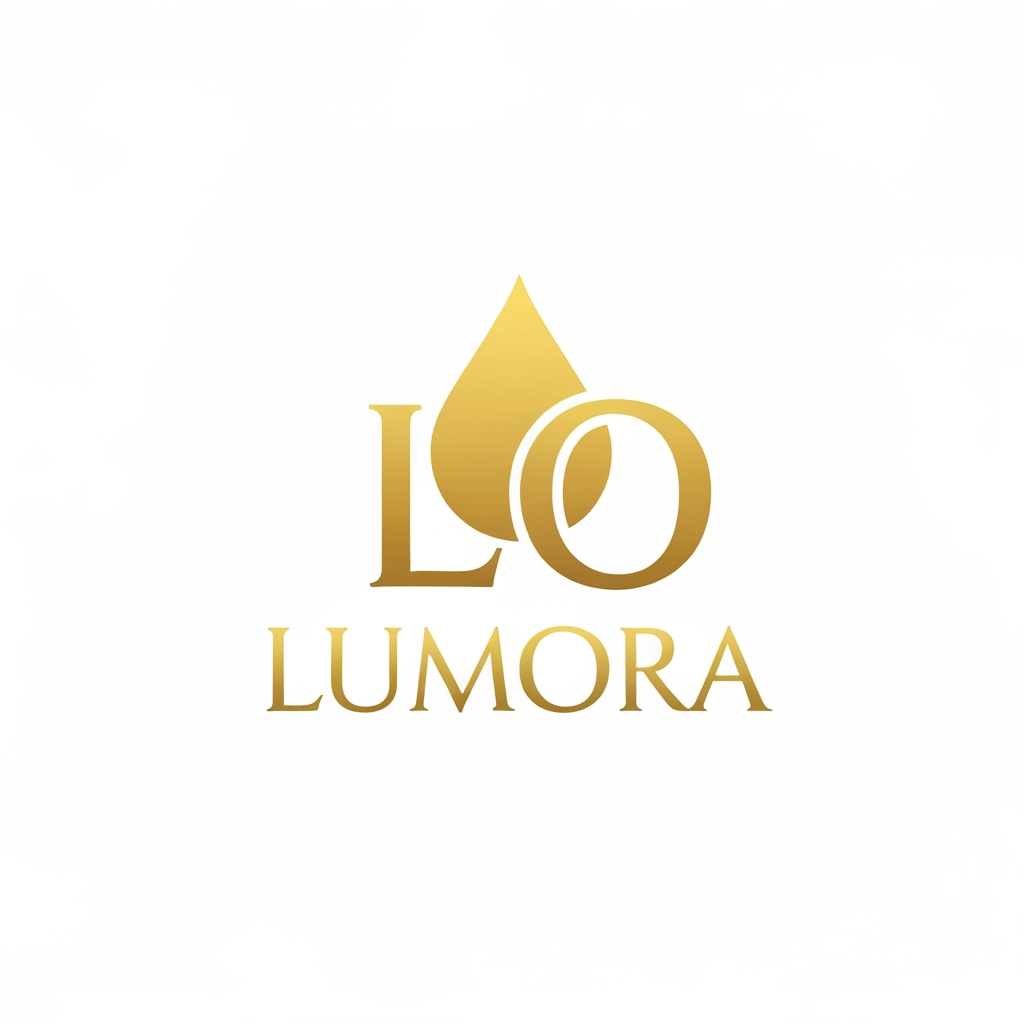 AI Design for Logo with letter L and O combined into a flower drop icon, gold color, with word Lumora below, white background, luxury brand style