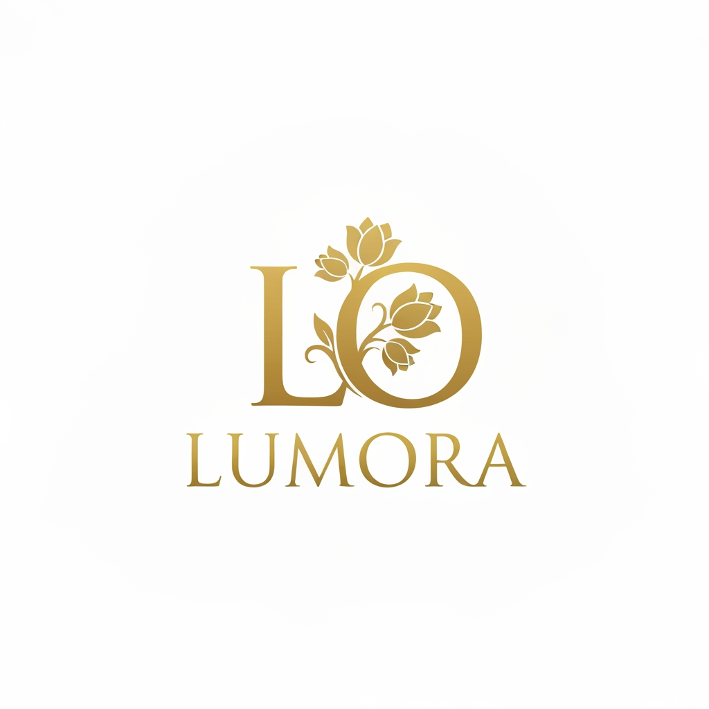 AI Design for Logo with letter L and O combined into a flower drop icon, gold color, with word Lumora below, white background, luxury brand style