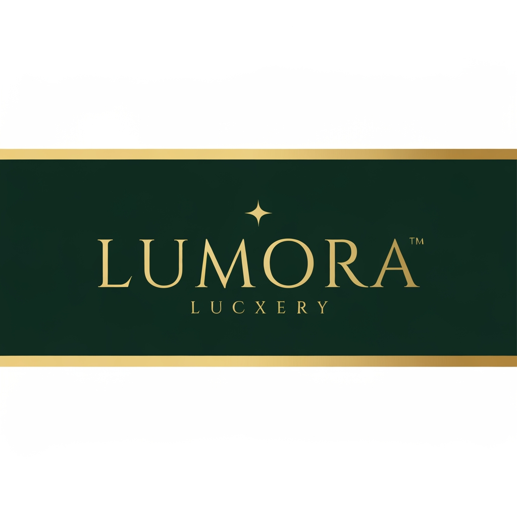 AI Design for Elegant luxury logo for brand Lumora, gold text on dark green background, minimalist design, small star above letter L, premium feminine style