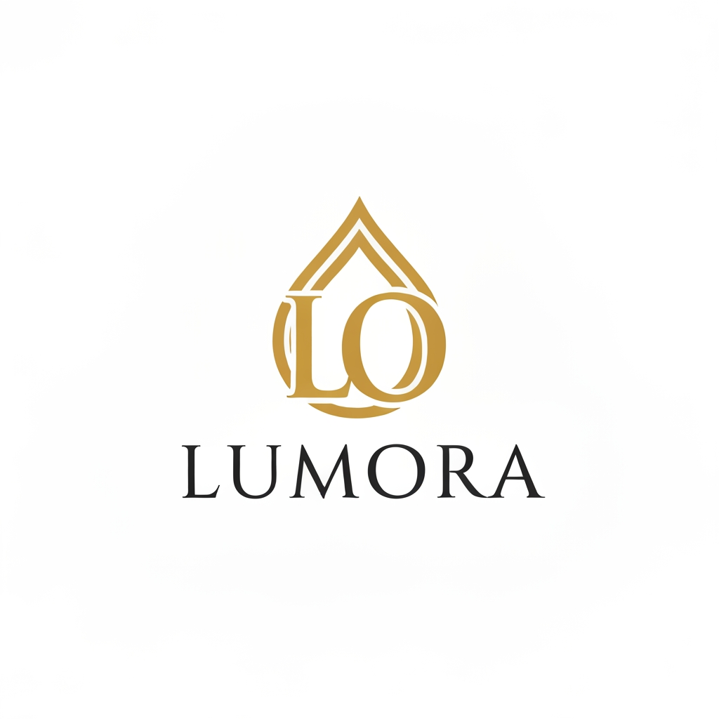 AI Design for Logo with letter L and O combined into a flower drop icon, gold color, with word Lumora below, white background, luxury brand style