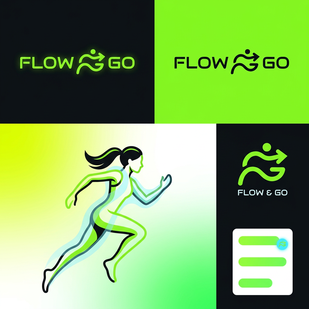 AI Design for this are my rafrance images ,i want to make fitnness app's logo which name is "Flow & Go" so can you make a logo which is futuristic and trendy acording to app ui. i have use this kind of images like girl illustration and that kind of and you have to use colors #A3FA2F ,#D1F8FF, #0B0F14
