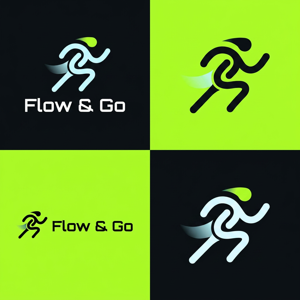 AI Design for this are my rafrance images ,i want to make fitnness app's logo which name is "Flow & Go" so can you make a icon and text logo which is futuristic and trendy acording to app ui. i have use this kind of images like girl illustration and that kind of and you have to use colors #A3FA2F ,#D1F8FF, #0B0F14