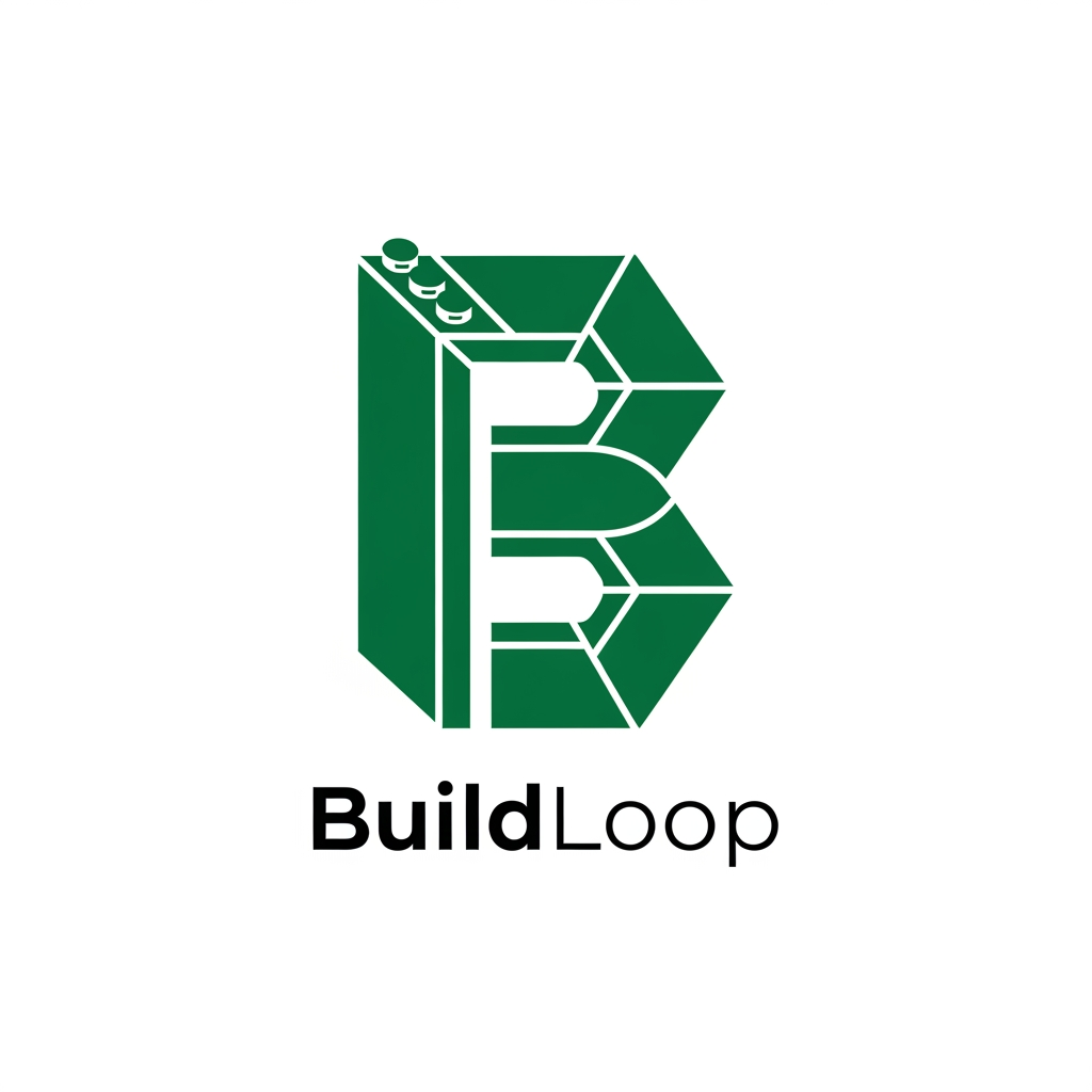 AI Design for Create a bold geometric monogram logo for BuildLoop.
Design a custom "B" using interlocking construction blocks and continuous loop geometry.
The mark should symbolize:
Building
Reuse
Connection
Marketplace
Circular Economy
Minimal.
Modern.
Scalable.
Corporate.
Tech-inspired.
Use strong geometric construction and subtle negative space.
White background.
Deep Emerald Green.
Flat vector.