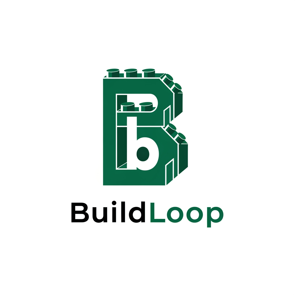 AI Design for Create a bold geometric monogram logo for BuildLoop.
Design a custom "B" using interlocking construction blocks and continuous loop geometry.
The mark should symbolize:
Building
Reuse
Connection
Marketplace
Circular Economy
Minimal.
Modern.
Scalable.
Corporate.
Tech-inspired.
Use strong geometric construction and subtle negative space.
White background.
Deep Emerald Green.
Flat vector.