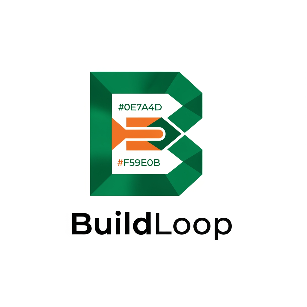 AI Design for Create a bold geometric monogram logo for Design a world-class startup logo for BuildLoop.
Create an abstract symbol inspired by modular architecture, stacked construction blocks, interconnected grids, and an infinite circular loop.
The logo should communicate:
Construction Innovation
Material Exchange
Trust
Efficiency
Sustainability
Smart Technology
Do NOT use:
Hard hats
Buildings
Cranes
Tools
Bricks
Leaves
Recycle arrows
Instead, create a clean geometric icon that people instantly recognize, similar to the simplicity of Stripe, Linear, Notion, OpenAI, Airbnb, or Arc Browser logos.
Brand personality:
Premium
Confident
Intelligent
Minimal
Professional
Future-ready
Use a flat vector style with a geometric sans-serif wordmark.
White background.
Deep Emerald Green (#0E7A4D) with a subtle Construction Orange (#F59E0B) accent.
The logo should work perfectly as both an app icon and a standalone brand mark.BuildLoop.
Design a custom "B" using interlocking construction blocks and continuous loop geometry.
The mark should symbolize:
Building
Reuse
Connection
Marketplace
Circular Economy
Minimal.
Modern.
Scalable.
Corporate.
Tech-inspired.
Use strong geometric construction and subtle negative space.
White background.
Deep Emerald Green.
Flat vector.