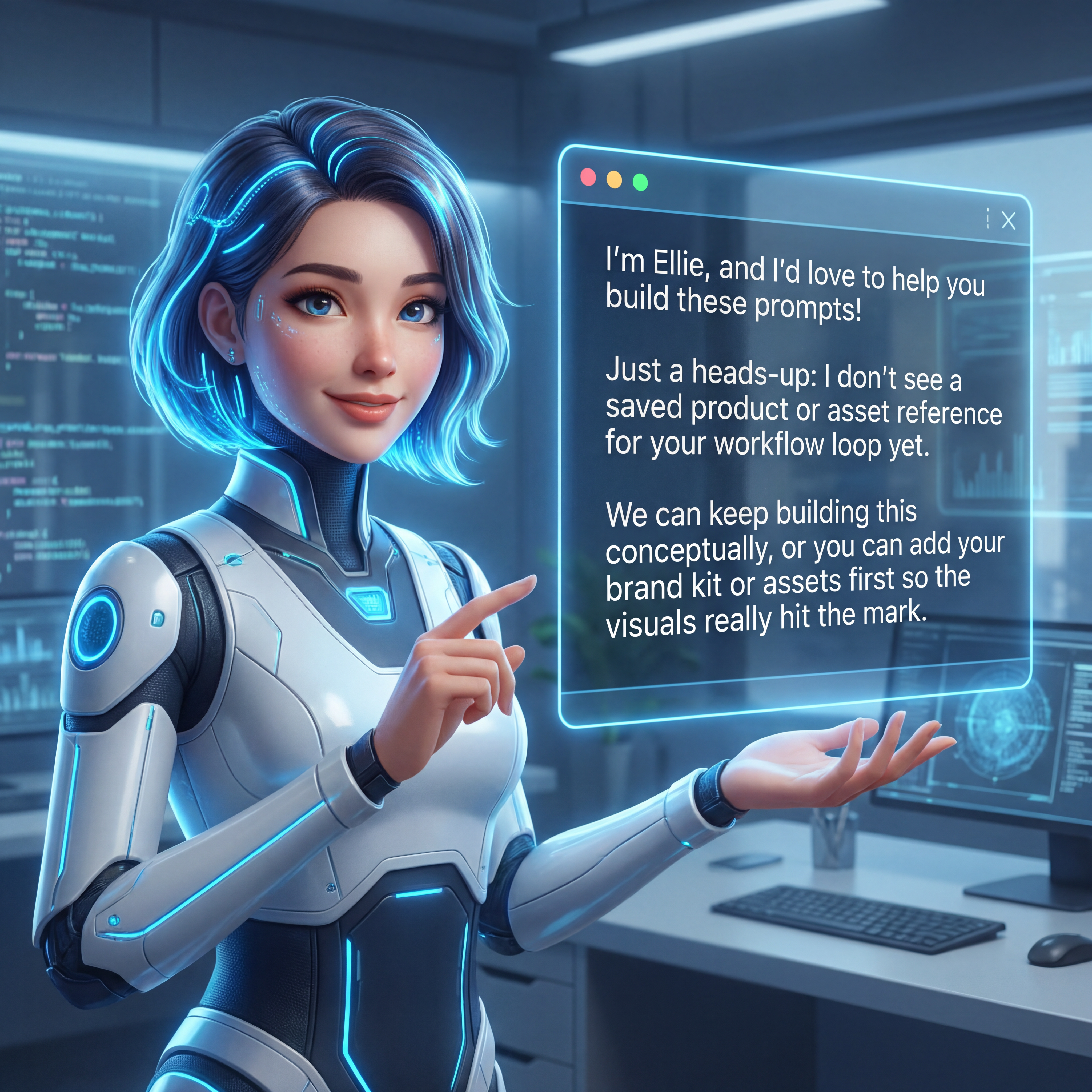 AI Design for I'm Ellie, and I'd love to help you build these prompts! Just a heads-up: I don't see a saved product or asset reference for your workflow loop yet. We can keep building this conceptually, or you can add your brand kit or assets first so the visuals really hit the mark.