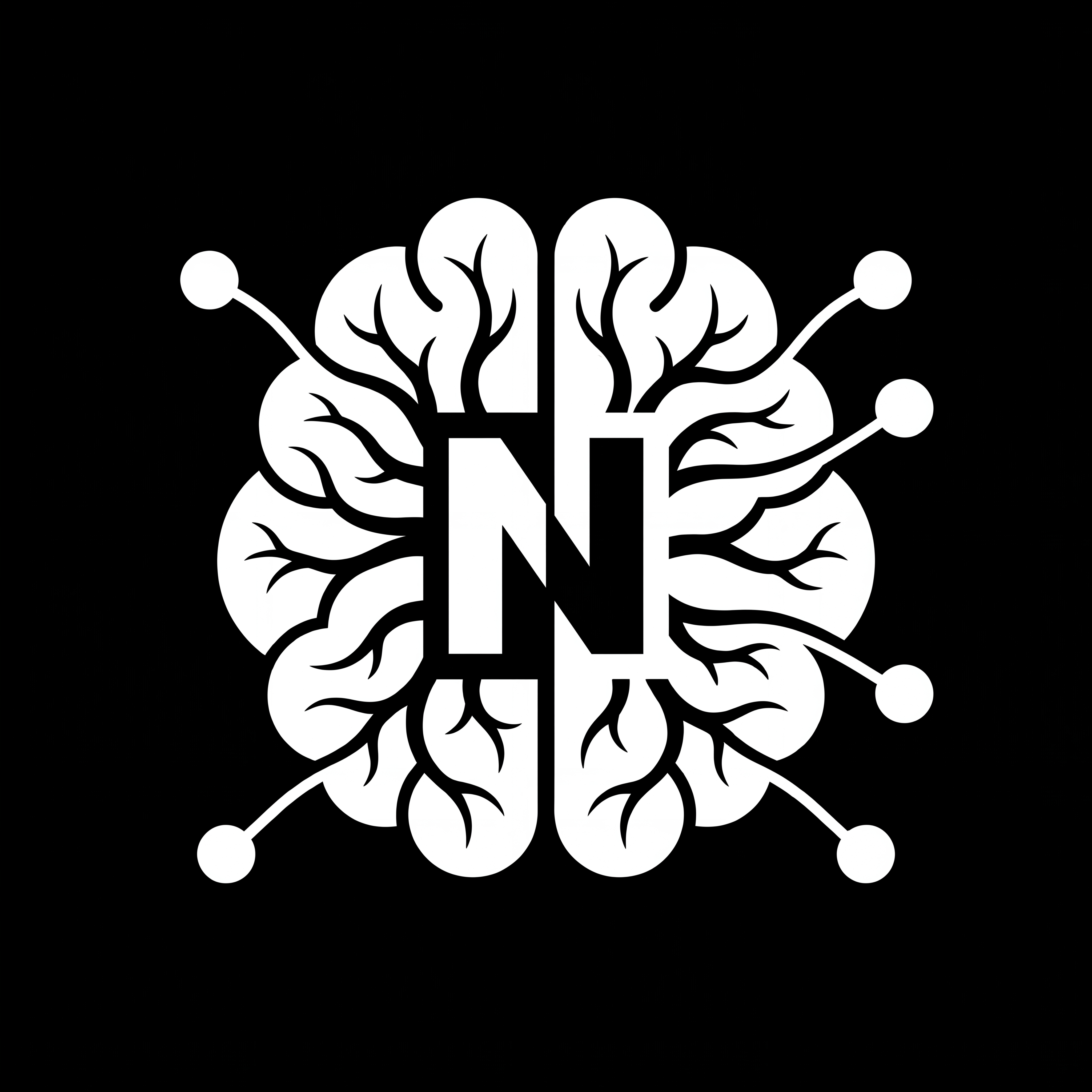 AI Design for fine it out high res abd a soild white logo on a black bg as a logo cenrified
also make it seem like neurons branching out from a brain also add an n in the centre half black and half white contrasting the background