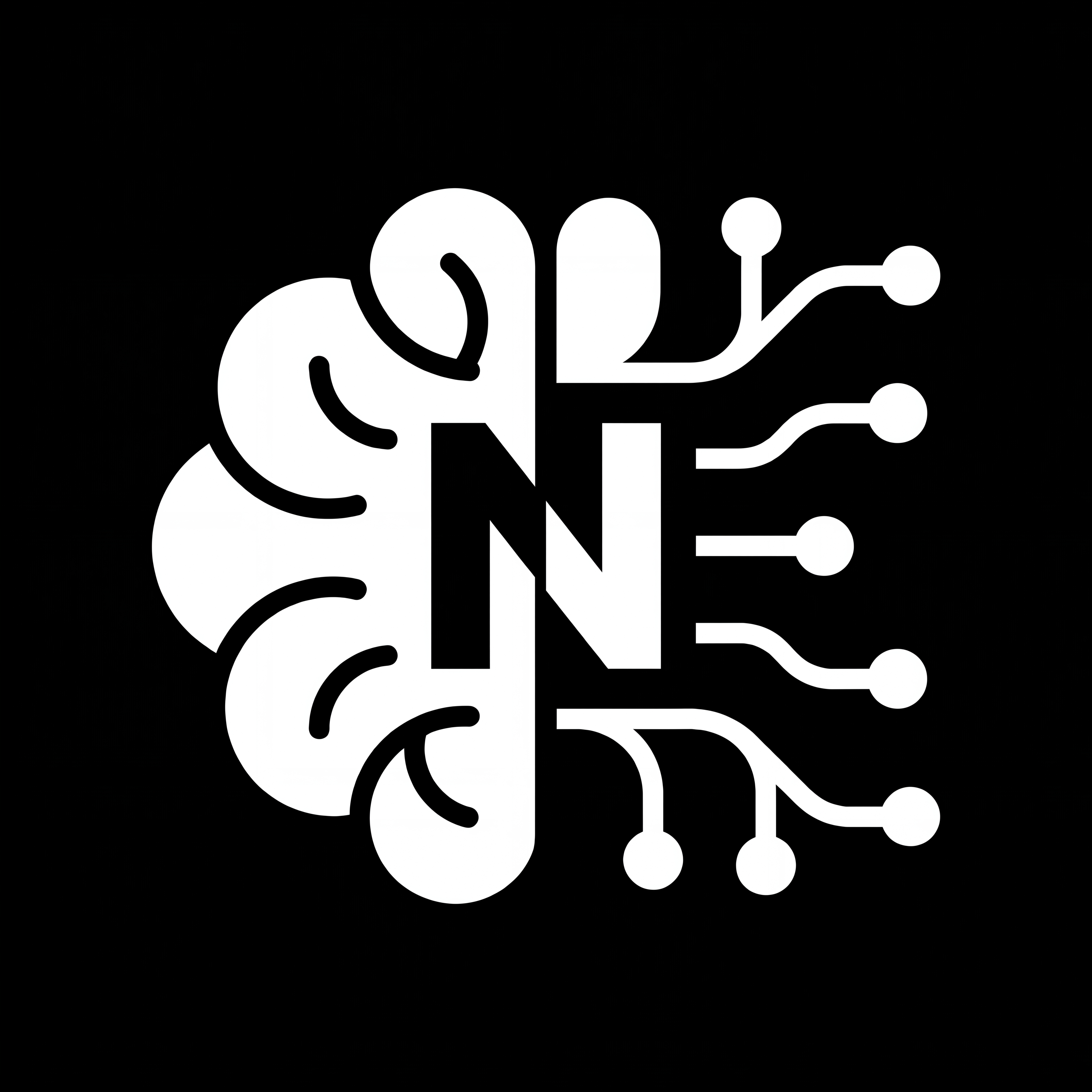 AI Design for fine it out high res abd a soild white logo on a black bg as a logo cenrified
also make it seem like neurons branching out from a brain also add an n in the centre half black and half white contrasting the background