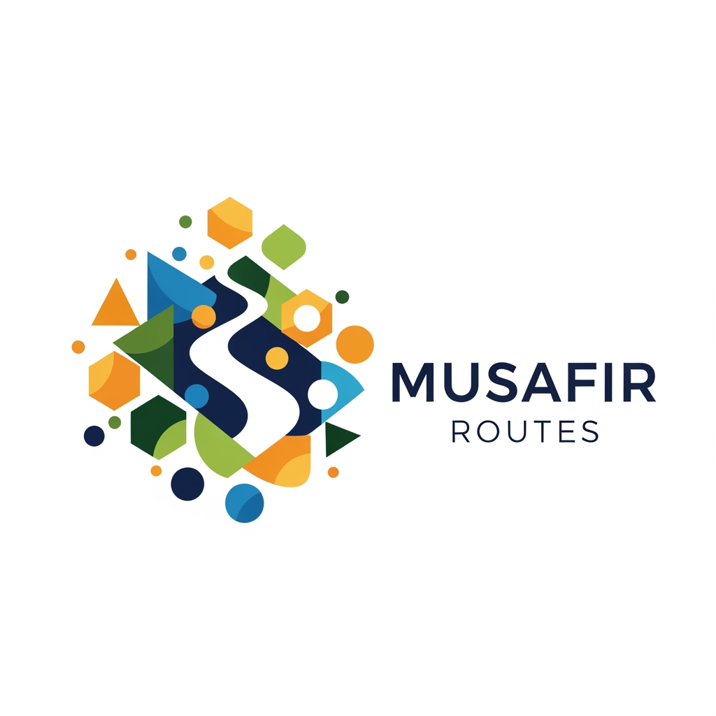 AI Design for Conceptual geometric designs that represent a brand -Musafir routes,Perfect for businesses aiming to convey a feeling or metaphor rather than a literal object. a travel agency taking random people on trips and make them find their purpose and enoy and intract and socalize make a logo