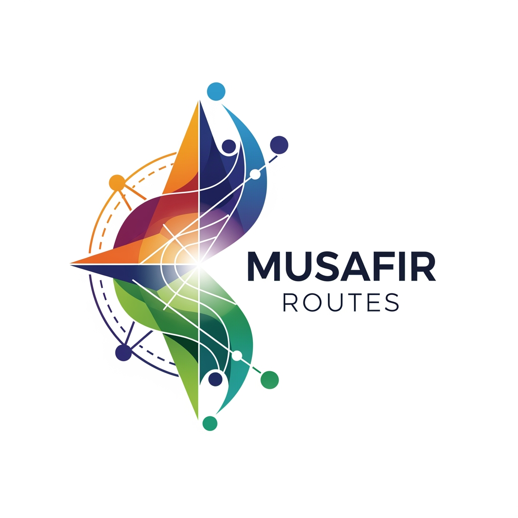 AI Design for Conceptual geometric designs that represent a brand -Musafir routes,Perfect for businesses aiming to convey a feeling or metaphor rather than a literal object. a travel agency taking random people on trips and make them find their purpose and enoy and intract and socalize make a logo