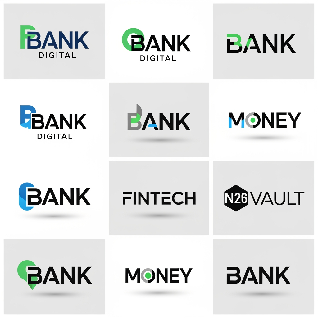 AI Design for Crea versiones de logotipo para un banco estilo Revolut o N26, que sea moderno pero minimalista, mas tipografíco con juego de letras.