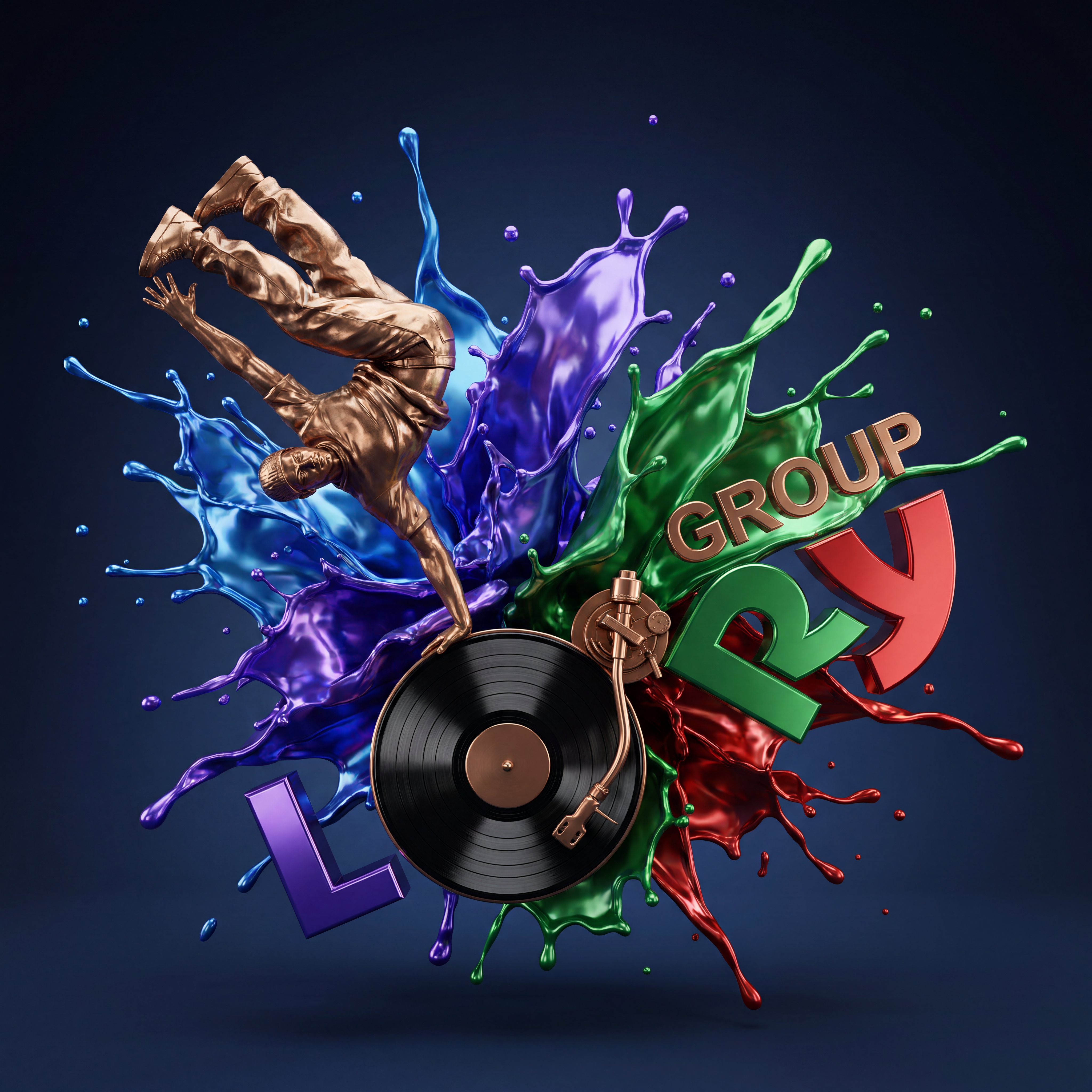 AI Design for A premium 3D transformation of a logo featuring {{asset:LORY_GROUP_LOGO}}. The center showcases a highly detailed bronze breakdancer sculpture in a dynamic pose, balancing on a glossy black vinyl record. Below, the word 'LORY' is rendered in bold 3D letters with distinct vibrant finishes—violet for L, green for R, and red for Y—while 'GROUP' sits above in a sleek, polished metallic font. The scene is framed by an artistic burst of kinetic paint splashes in blue, violet, green, and red, utilizing cinematic studio lighting, deep shadows, and professional metallic textures to create a sense of high-end luxury and urban energy.