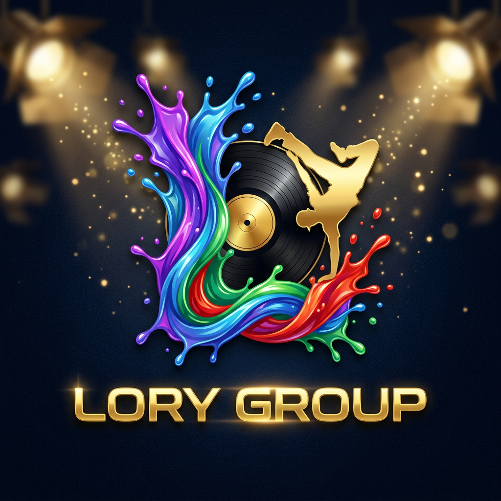 AI Design for A 3D dynamic logo for an event planning company named "Lory Group", featuring a stylized letter "L" made of splashing liquid paint in vibrant purple, blue, green, and red, intertwined with a vinyl record and a dynamic golden breakdancer silhouette. Dark navy background, glossy textures, high contrast, energetic, party mood, vector style, 8k, cinematic lighting, typography "Lory Group" in a modern bold font --v 6.0